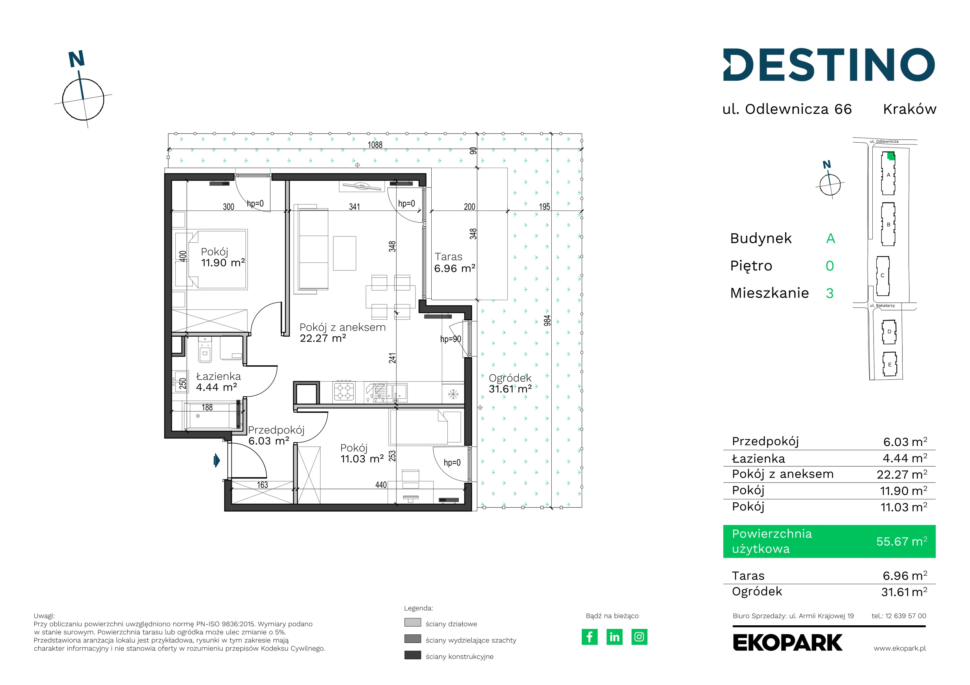 Mieszkanie 55,67 m², parter, oferta nr A-3, Destino, Kraków, Bronowice, Bronowice Małe, ul. Odlewnicza