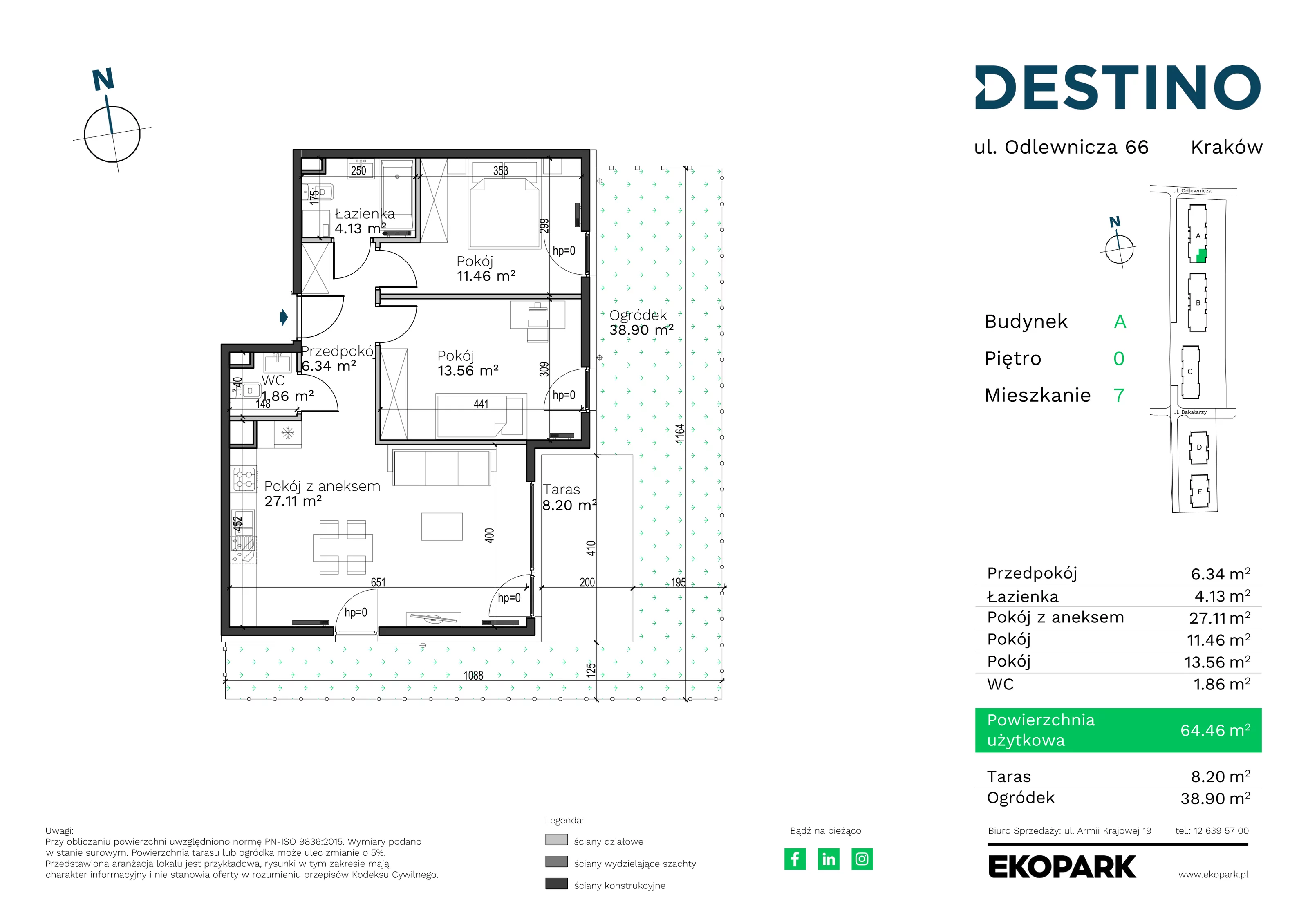 Mieszkanie 64,46 m², parter, oferta nr A-7, Destino, Kraków, Bronowice, Bronowice Małe, ul. Odlewnicza