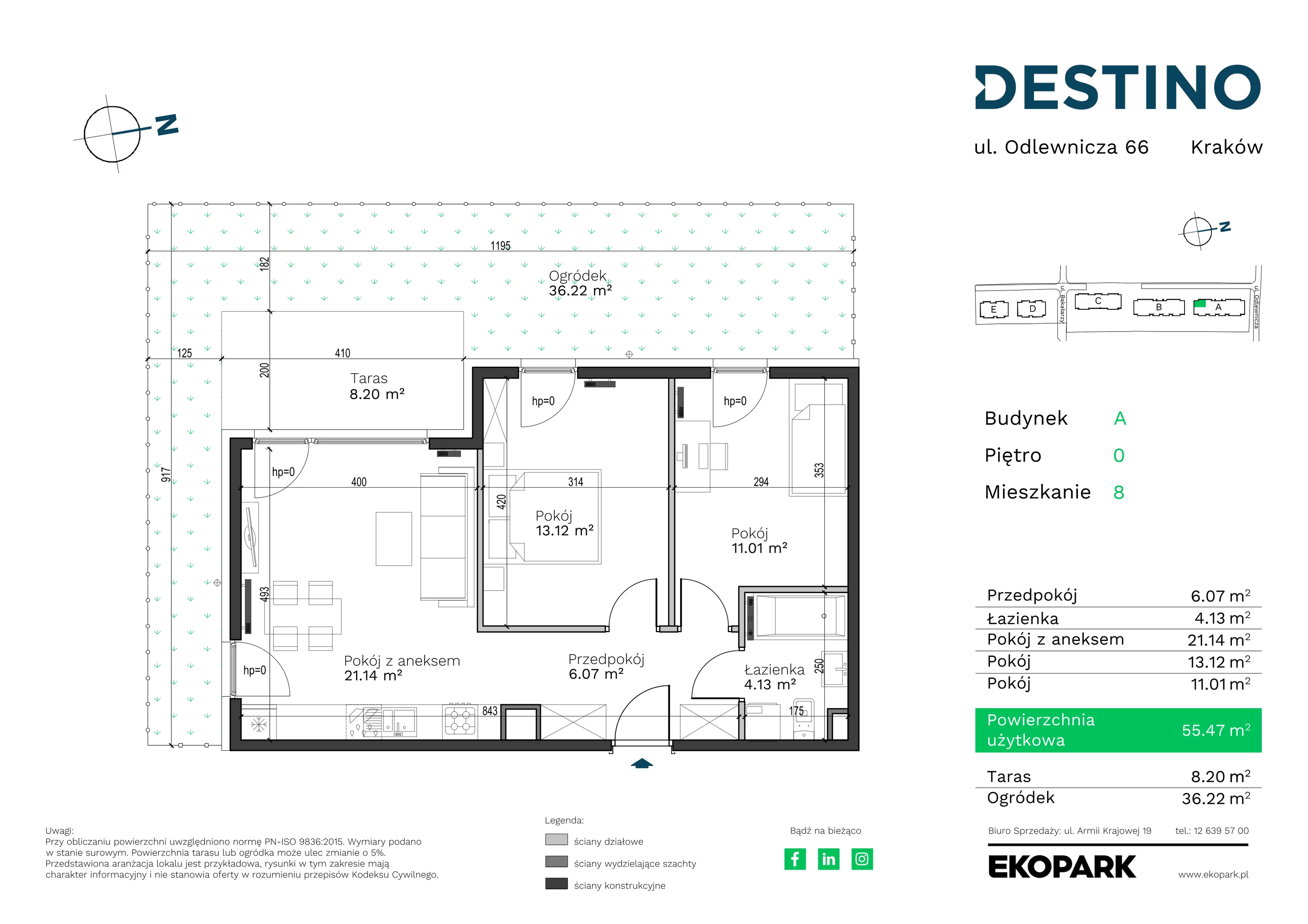 3 pokoje, mieszkanie 55,47 m², parter, oferta nr A-8, Destino, Kraków, Bronowice, Bronowice Małe, ul. Odlewnicza