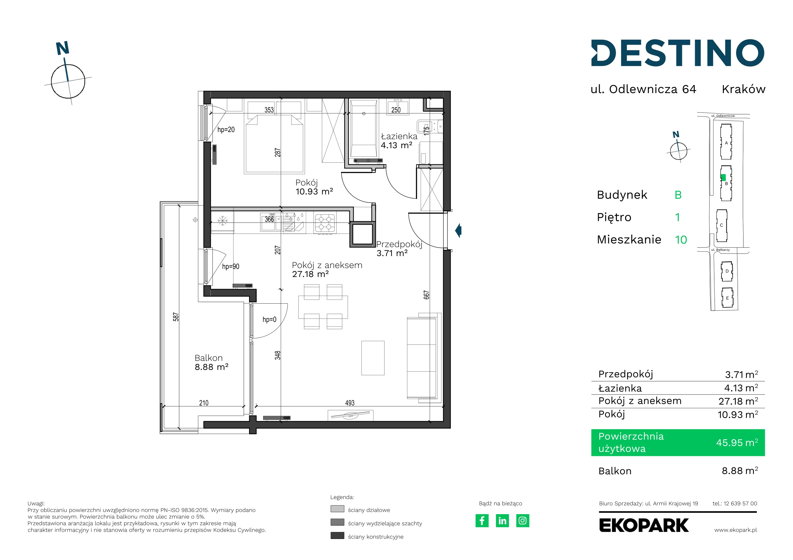 2 pokoje, mieszkanie 45,95 m², piętro 1, oferta nr B-10, Destino, Kraków, Bronowice, Bronowice Małe, ul. Odlewnicza