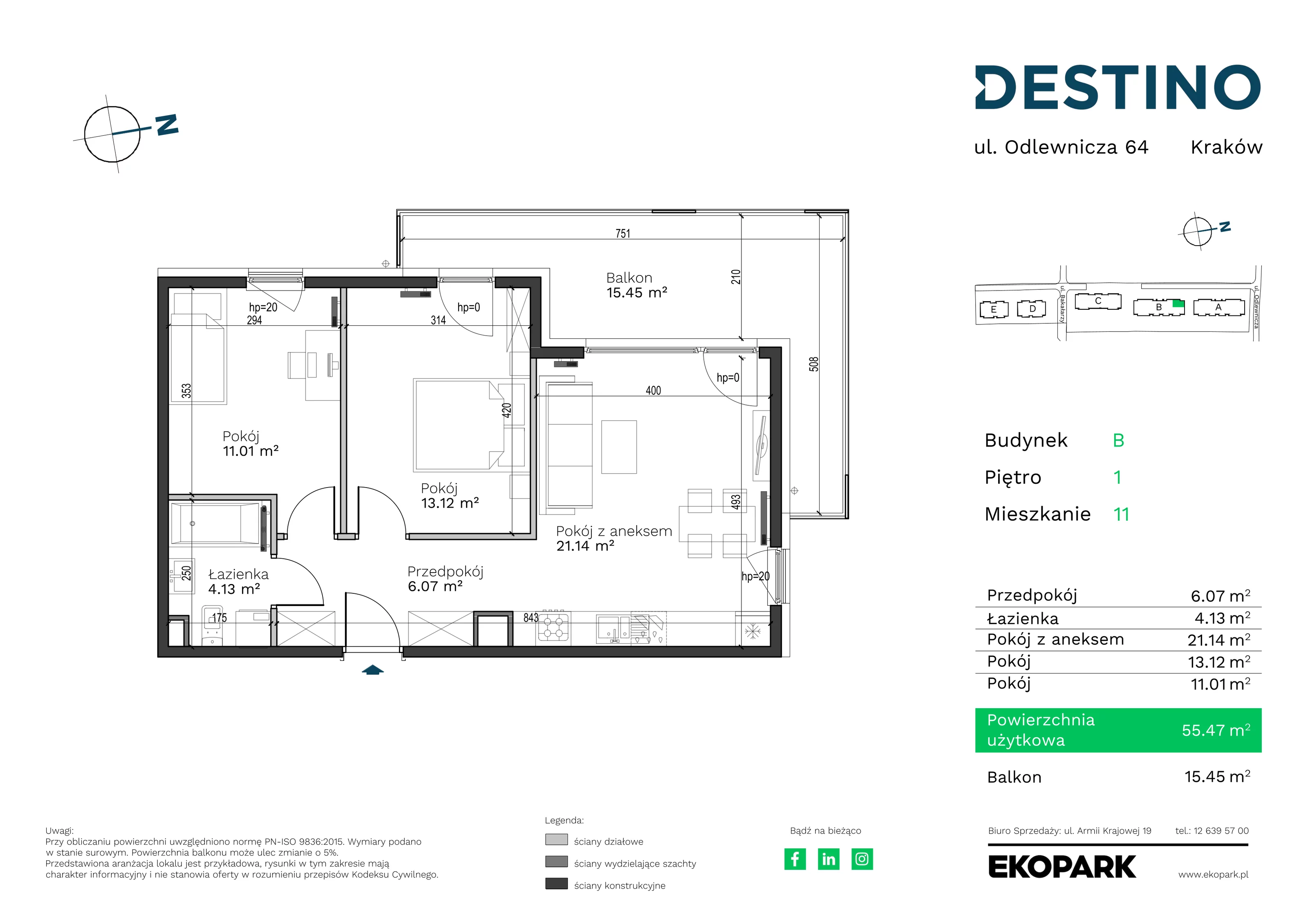 Mieszkanie 55,47 m², piętro 1, oferta nr B-11, Destino, Kraków, Bronowice, Bronowice Małe, ul. Odlewnicza