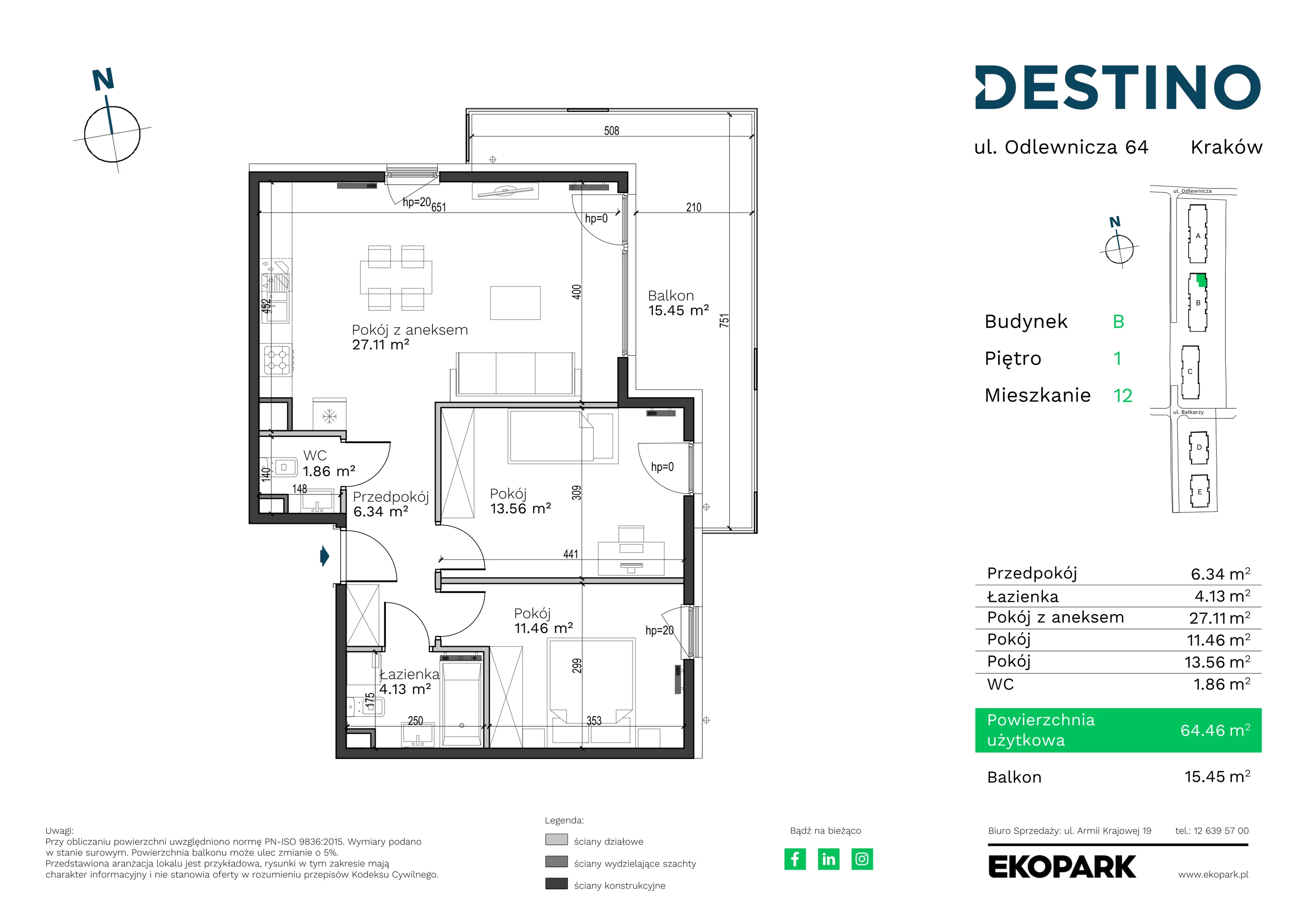 3 pokoje, mieszkanie 64,46 m², piętro 1, oferta nr B-12, Destino, Kraków, Bronowice, Bronowice Małe, ul. Odlewnicza