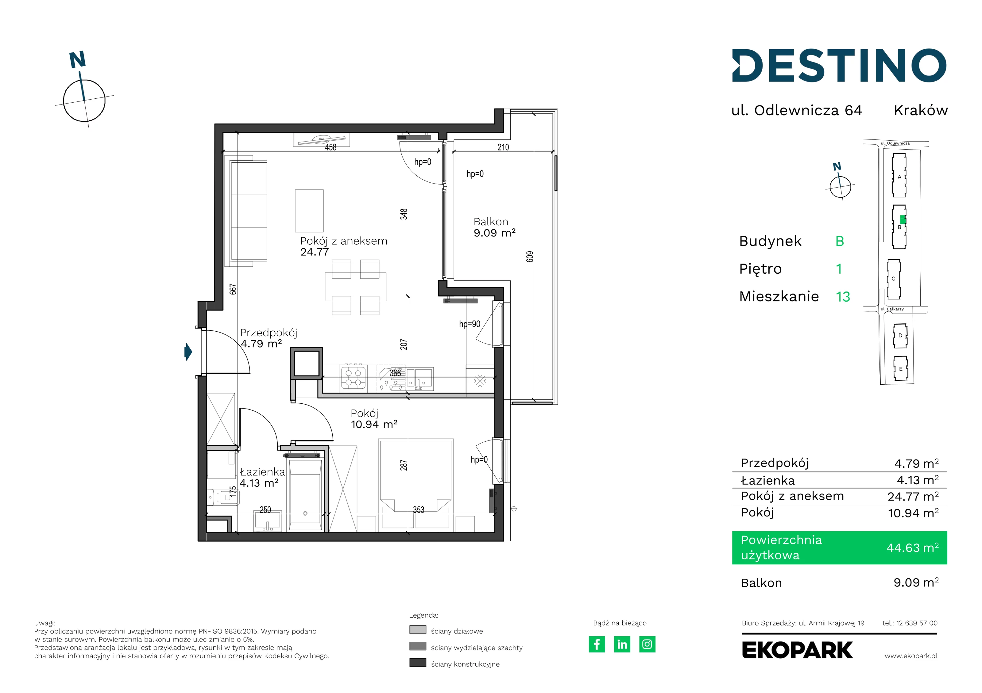 Mieszkanie 44,63 m², piętro 1, oferta nr B-13, Destino, Kraków, Bronowice, Bronowice Małe, ul. Odlewnicza