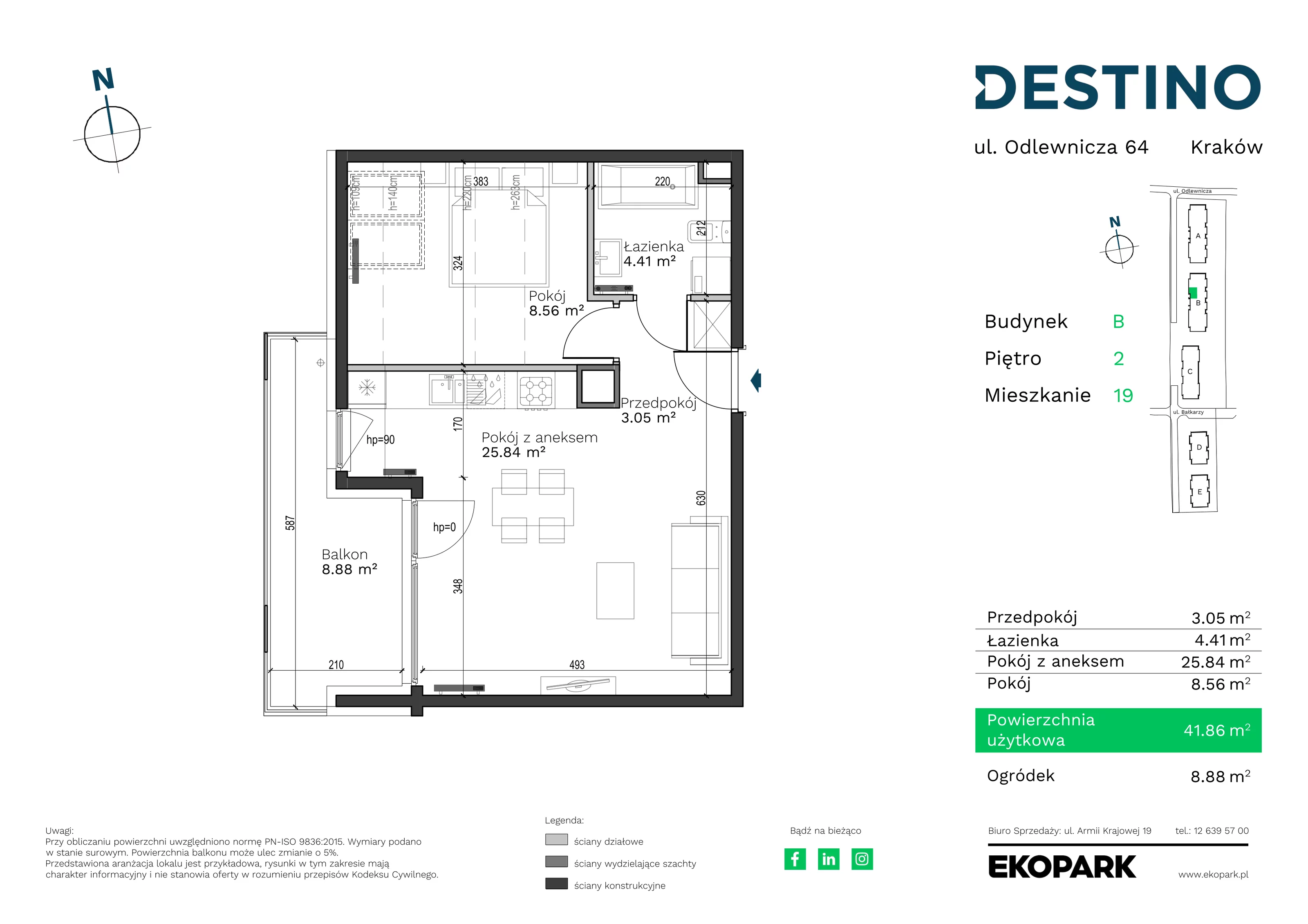 2 pokoje, mieszkanie 41,86 m², piętro 2, oferta nr B-19, Destino, Kraków, Bronowice, Bronowice Małe, ul. Odlewnicza