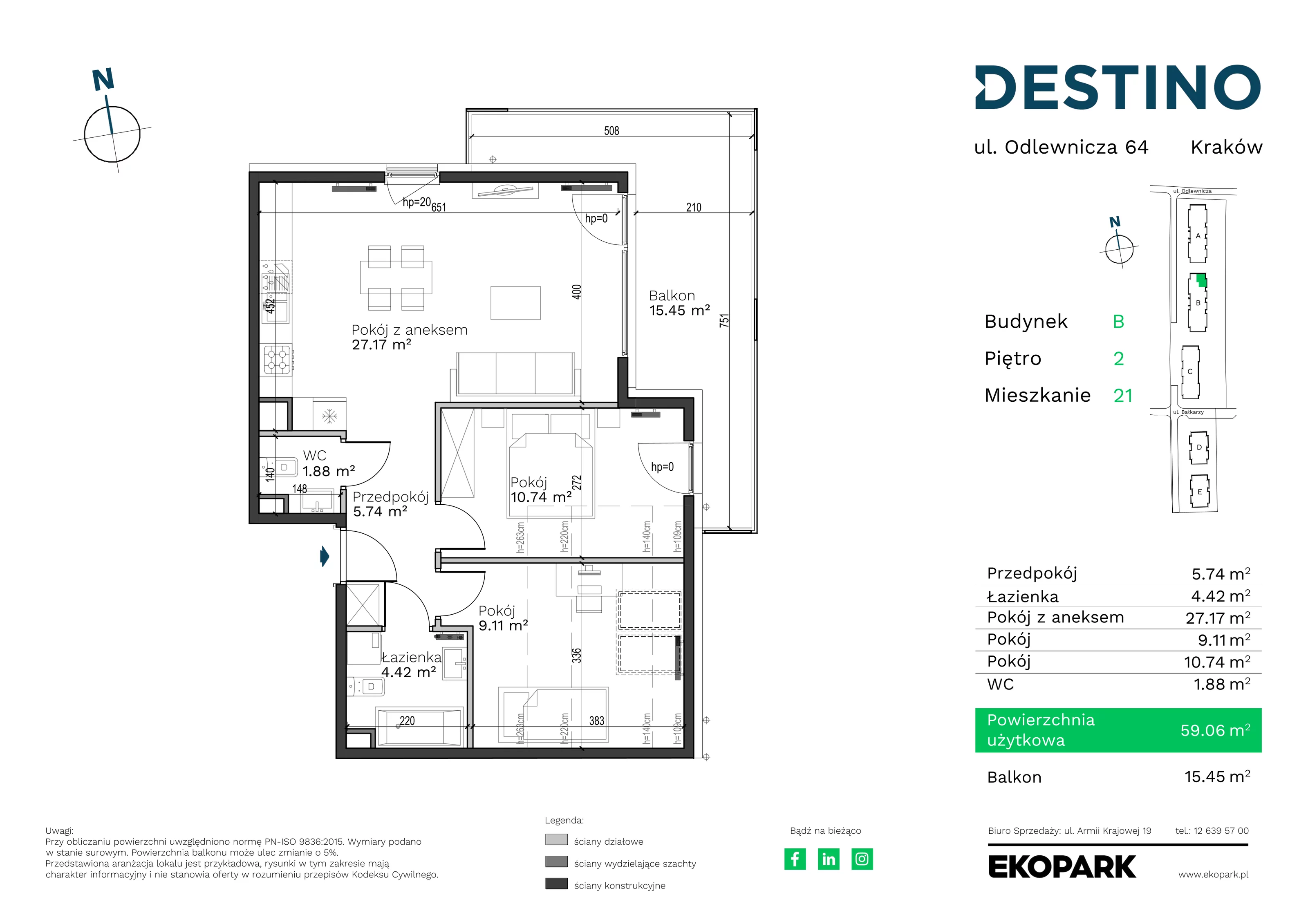 Mieszkanie 59,06 m², piętro 2, oferta nr B-21, Destino, Kraków, Bronowice, Bronowice Małe, ul. Odlewnicza