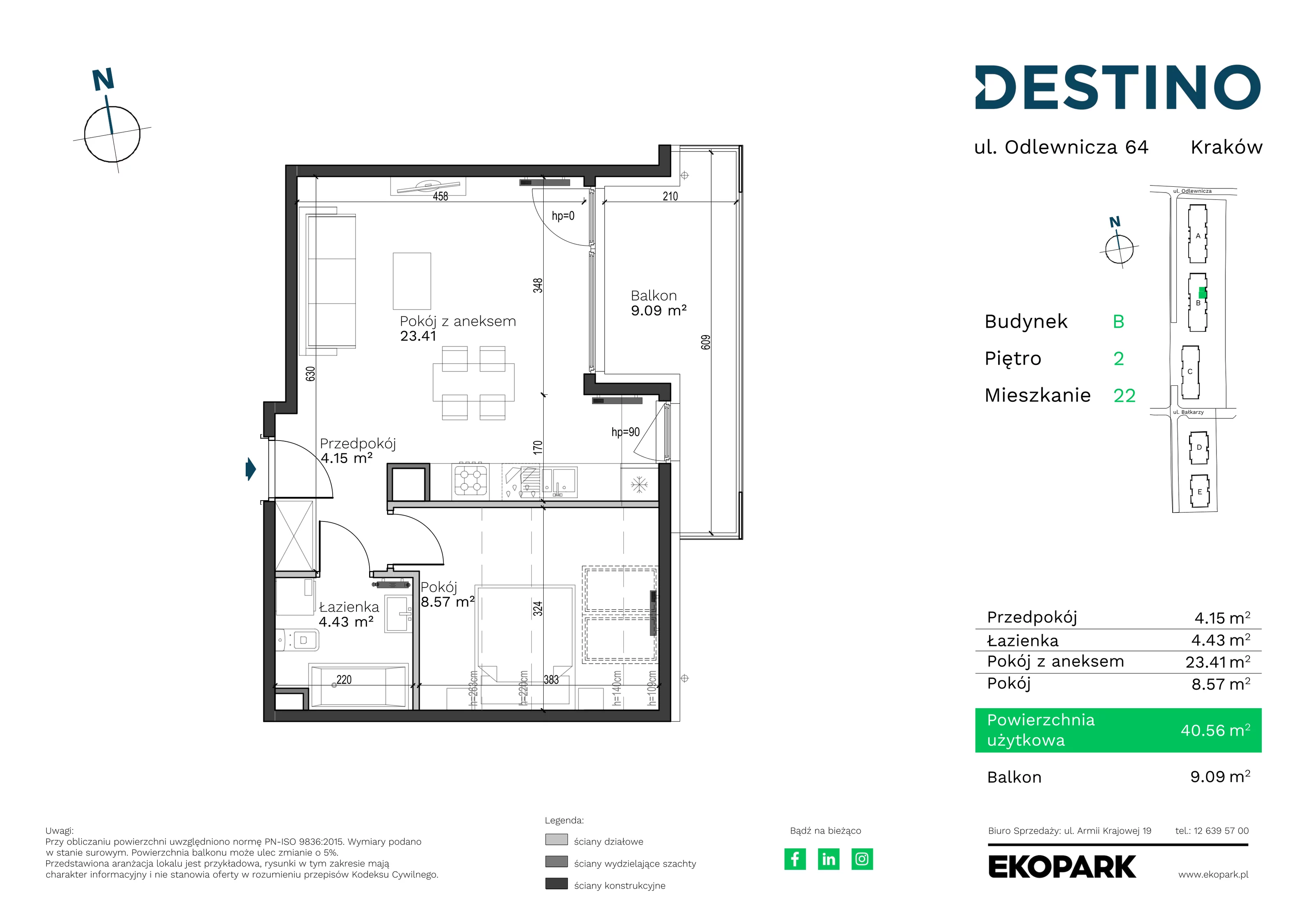 2 pokoje, mieszkanie 40,56 m², piętro 2, oferta nr B-22, Destino, Kraków, Bronowice, Bronowice Małe, ul. Odlewnicza