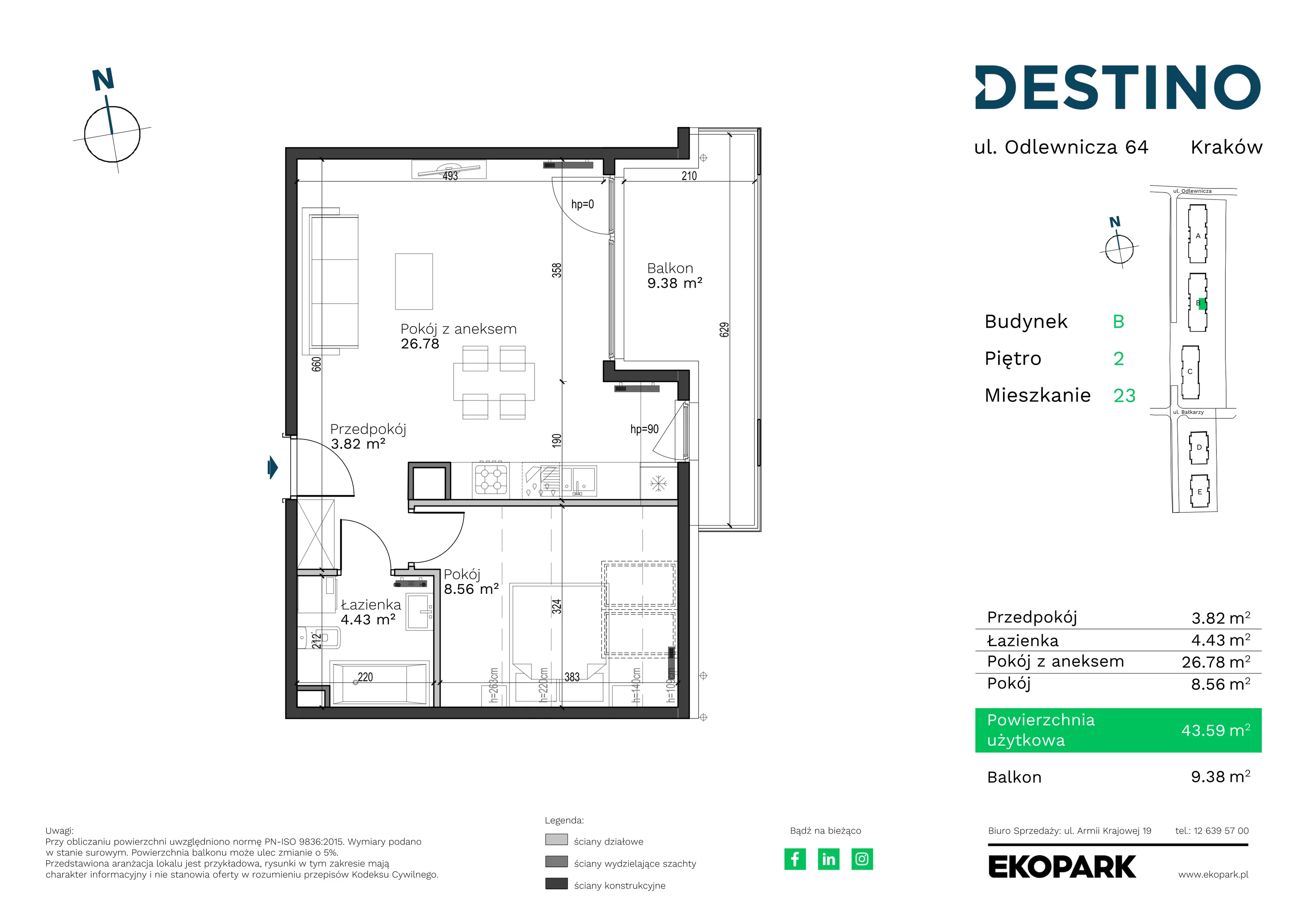 Mieszkanie 43,59 m², piętro 2, oferta nr B-23, Destino, Kraków, Bronowice, Bronowice Małe, ul. Odlewnicza