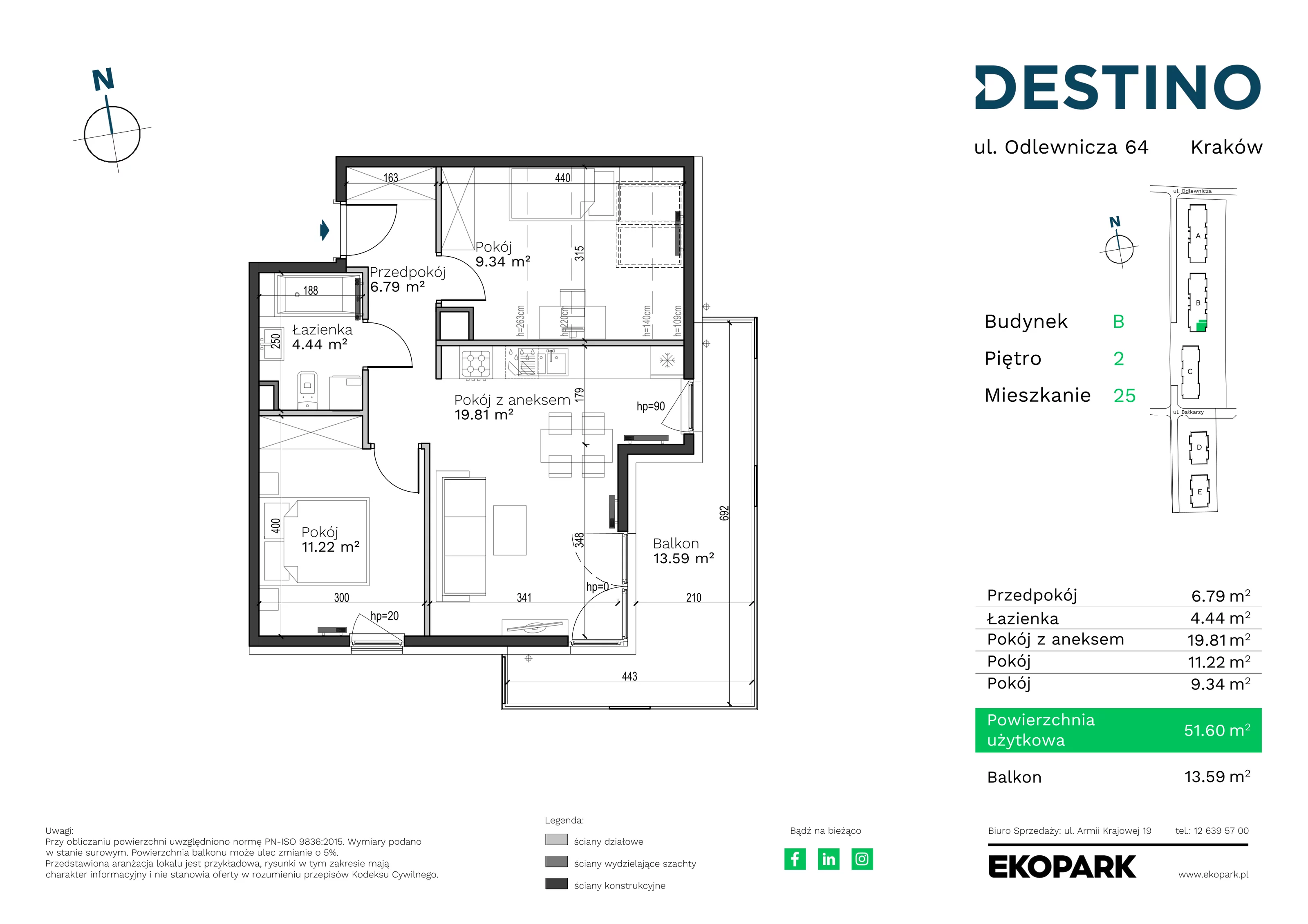 Mieszkanie 51,60 m², piętro 2, oferta nr B-25, Destino, Kraków, Bronowice, Bronowice Małe, ul. Odlewnicza