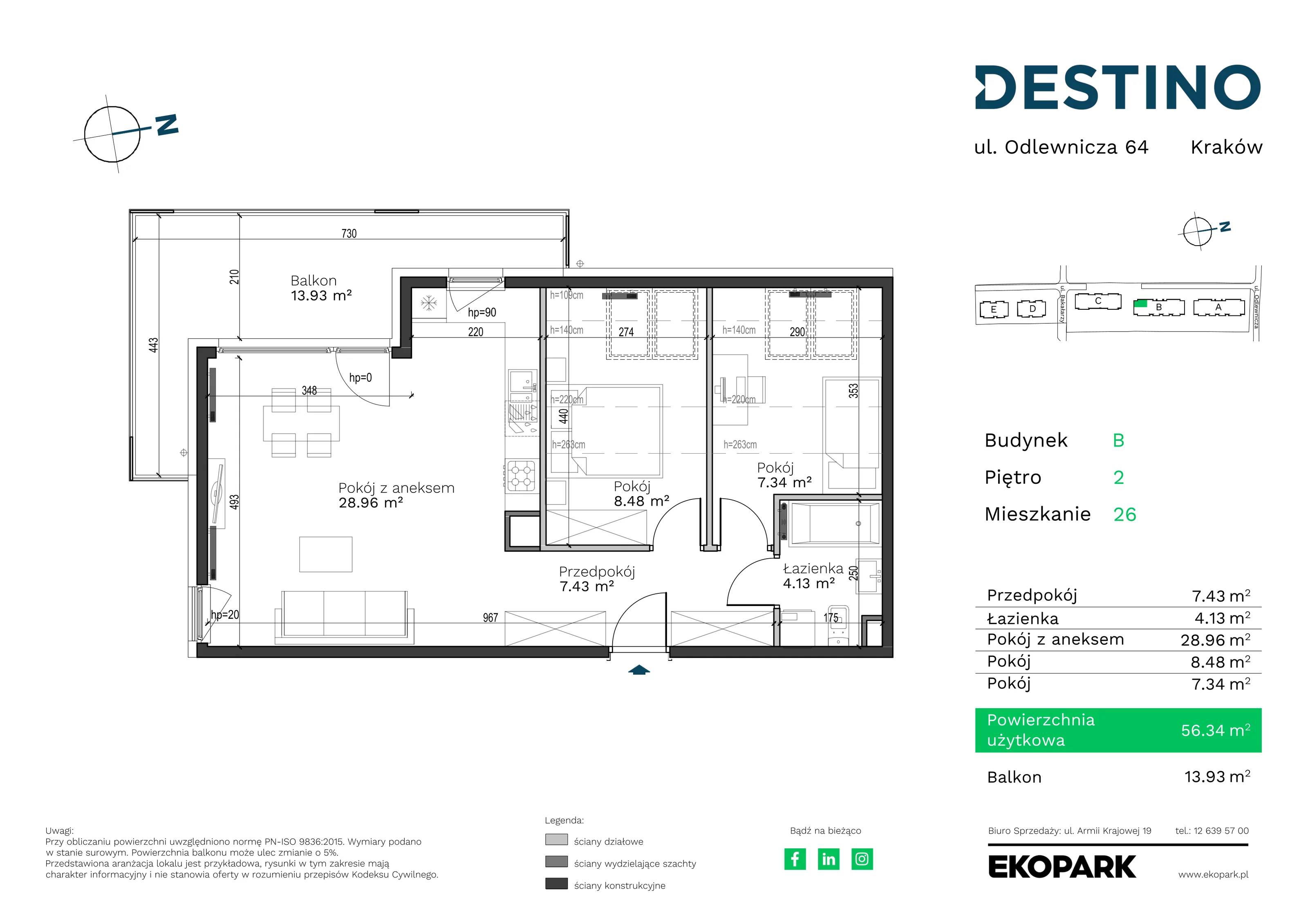 Mieszkanie 56,34 m², piętro 2, oferta nr B-26, Destino, Kraków, Bronowice, Bronowice Małe, ul. Odlewnicza