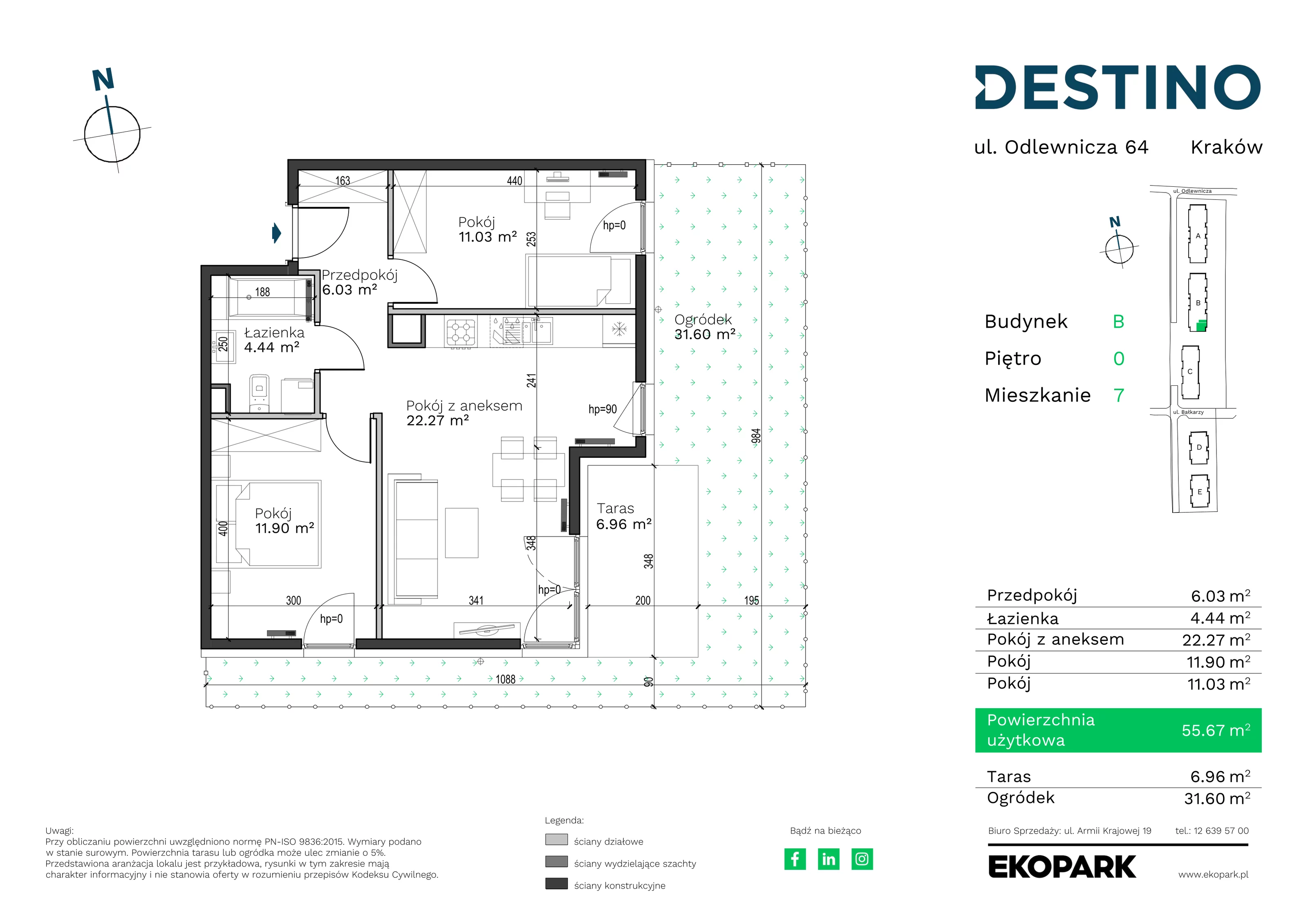 3 pokoje, mieszkanie 55,67 m², parter, oferta nr B-7, Destino, Kraków, Bronowice, Bronowice Małe, ul. Odlewnicza