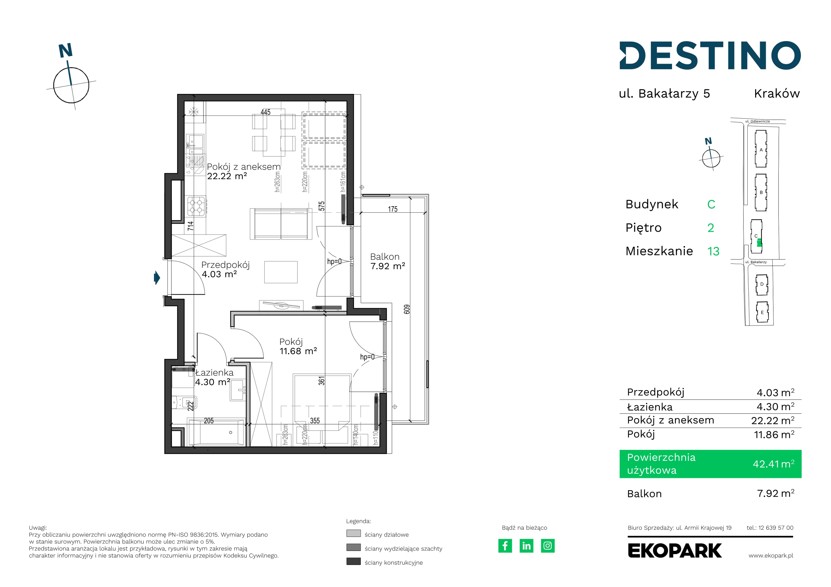 Mieszkanie 42,41 m², piętro 2, oferta nr C-13, Destino, Kraków, Bronowice, Bronowice Małe, ul. Odlewnicza