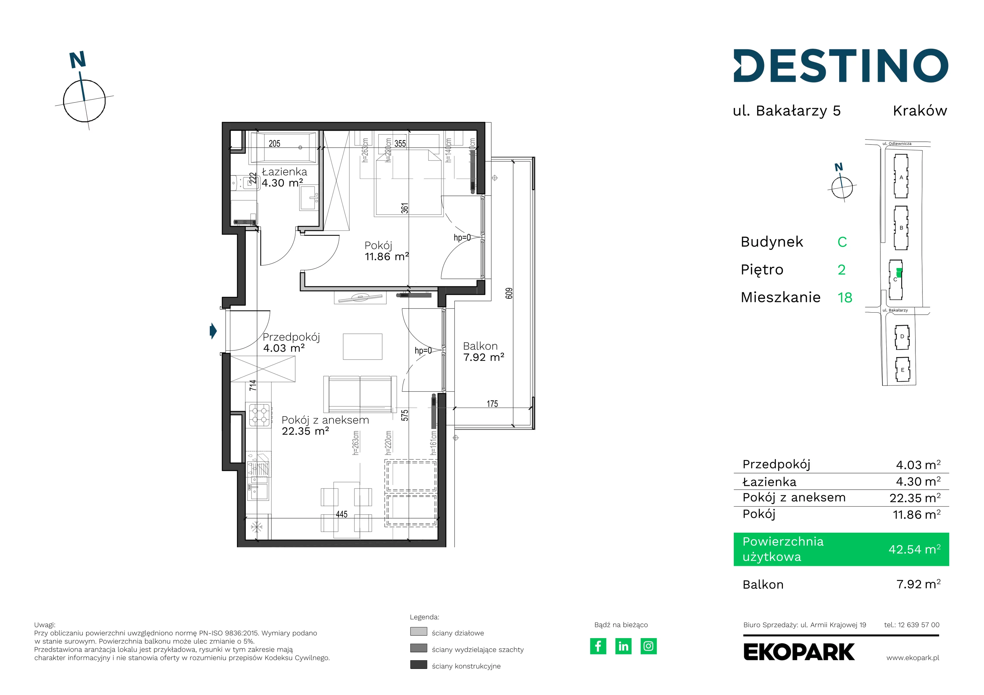 Mieszkanie 42,54 m², piętro 2, oferta nr C-18, Destino, Kraków, Bronowice, Bronowice Małe, ul. Odlewnicza