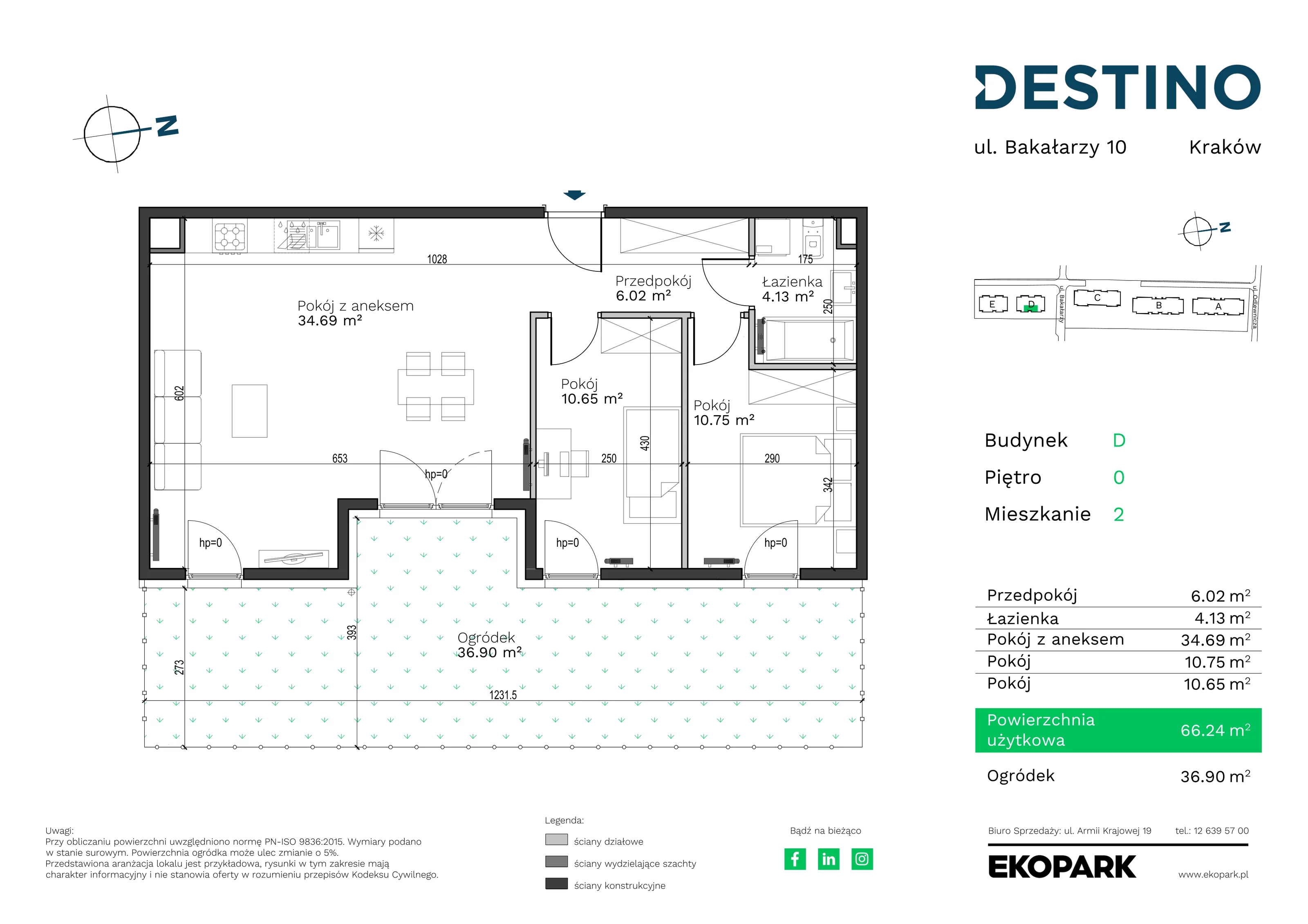 Mieszkanie 66,24 m², parter, oferta nr D-2, Destino, Kraków, Bronowice, Bronowice Małe, ul. Odlewnicza