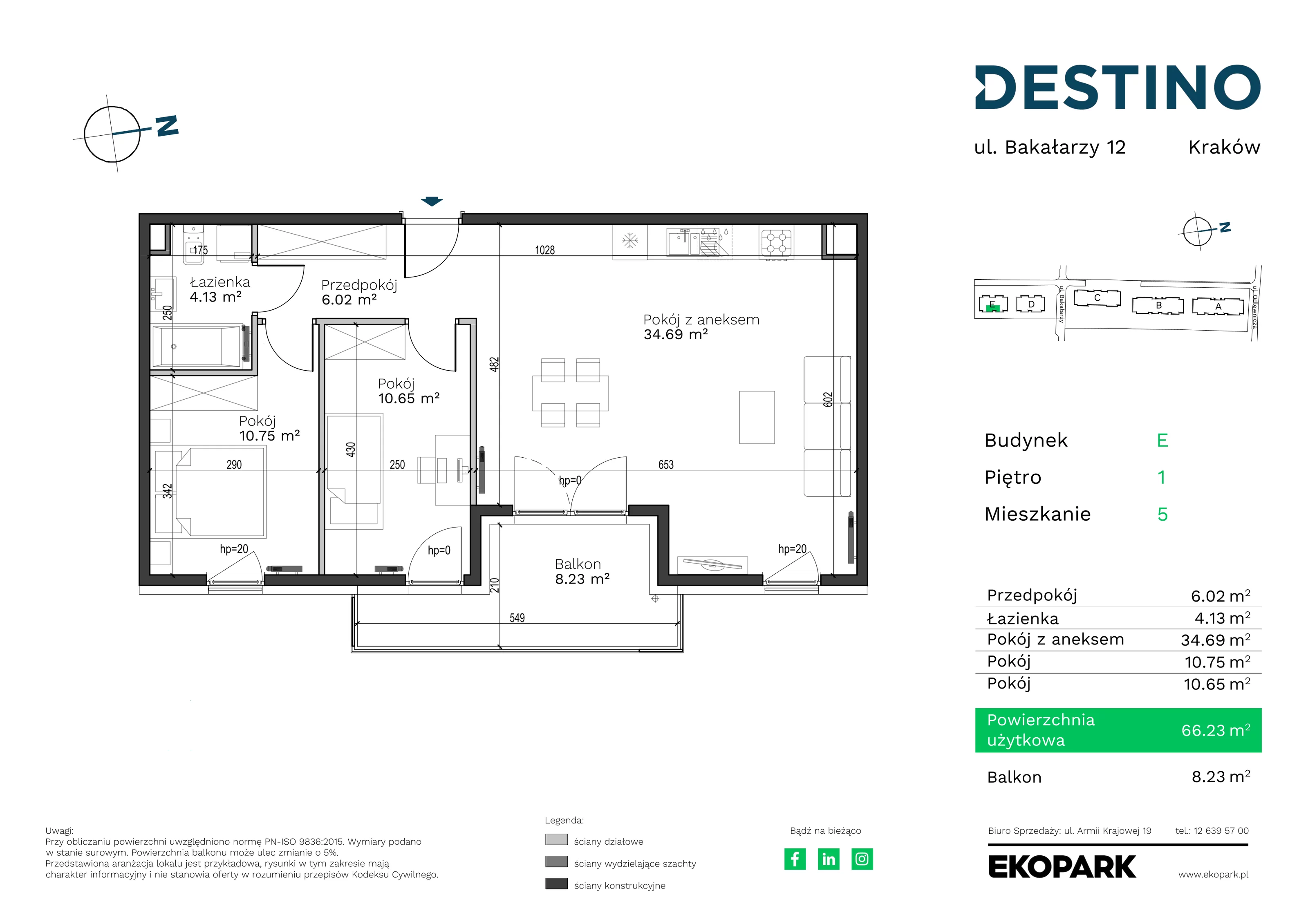 Mieszkanie 66,23 m², piętro 1, oferta nr E-5, Destino, Kraków, Bronowice, Bronowice Małe, ul. Odlewnicza