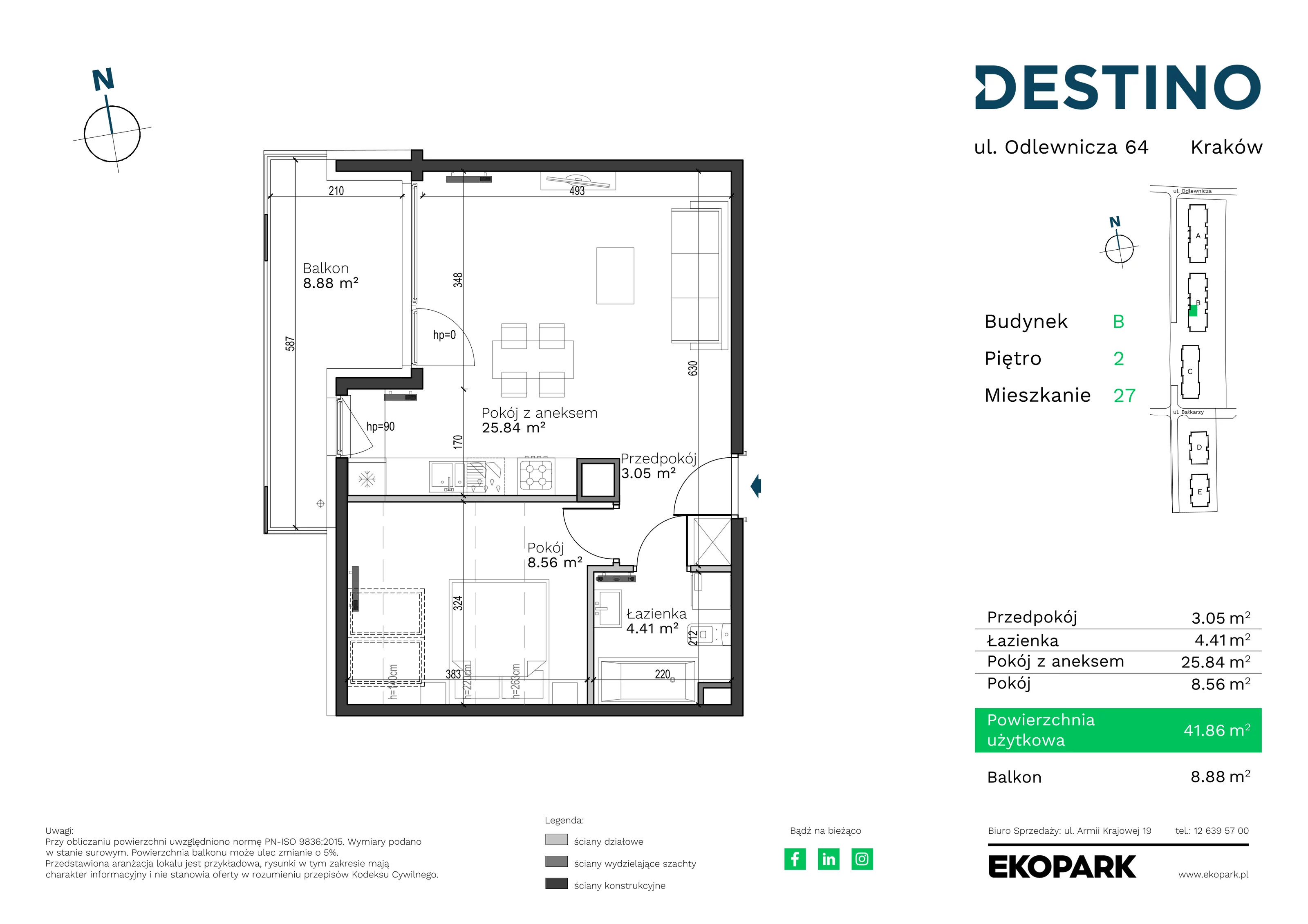 2 pokoje, mieszkanie 41,86 m², piętro 2, oferta nr B-27, Destino, Kraków, Bronowice, Bronowice Małe, ul. Odlewnicza