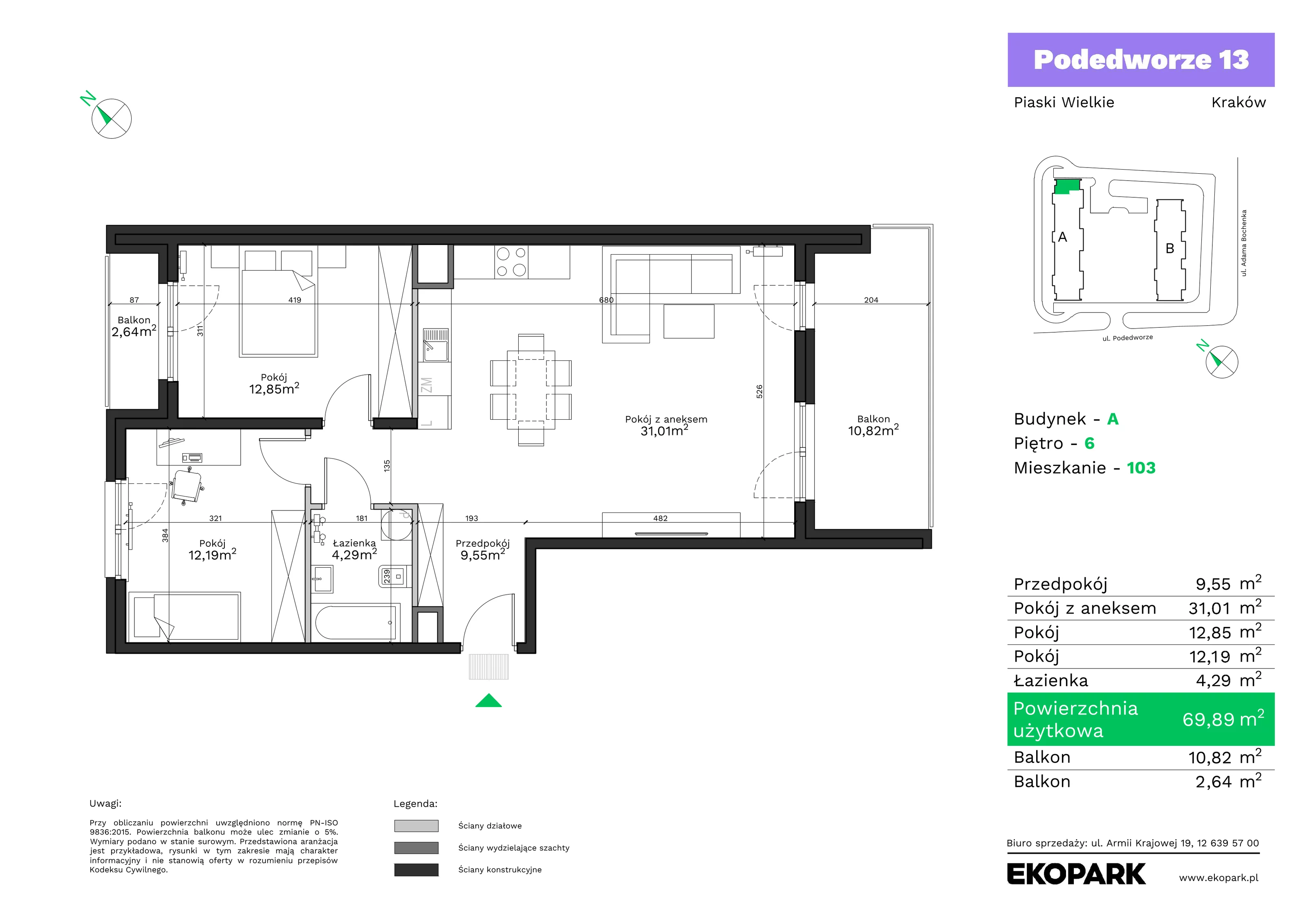 3 pokoje, mieszkanie 69,89 m², piętro 6, oferta nr A103, Podedworze 13, Kraków, Podgórze Duchackie, Piaski Wielkie, ul. Podedworze 13