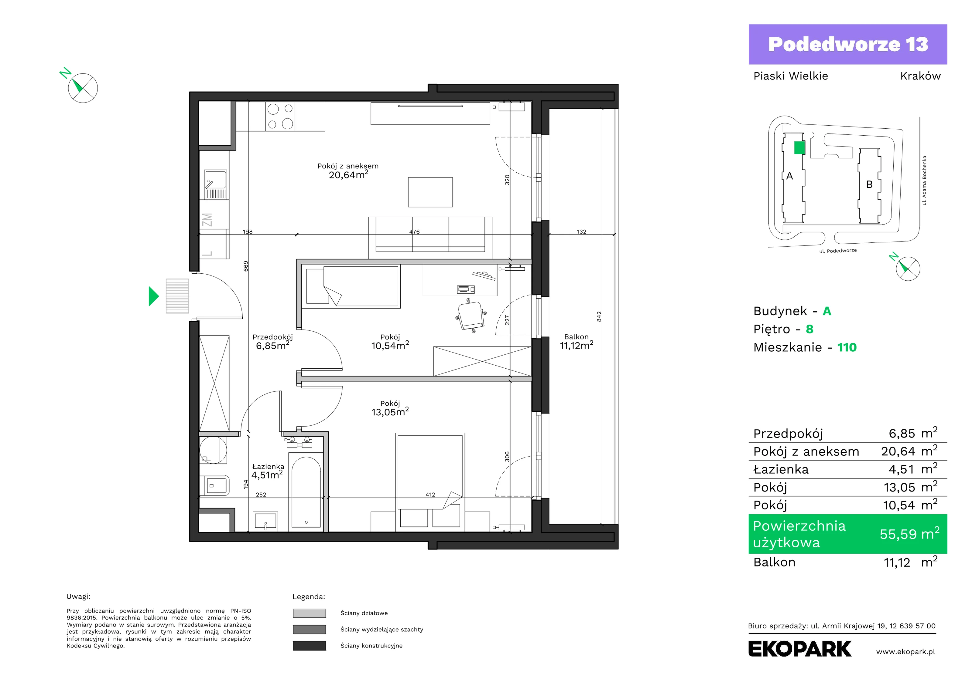 3 pokoje, mieszkanie 55,59 m², piętro 8, oferta nr A110, Podedworze 13, Kraków, Podgórze Duchackie, Piaski Wielkie, ul. Podedworze 13