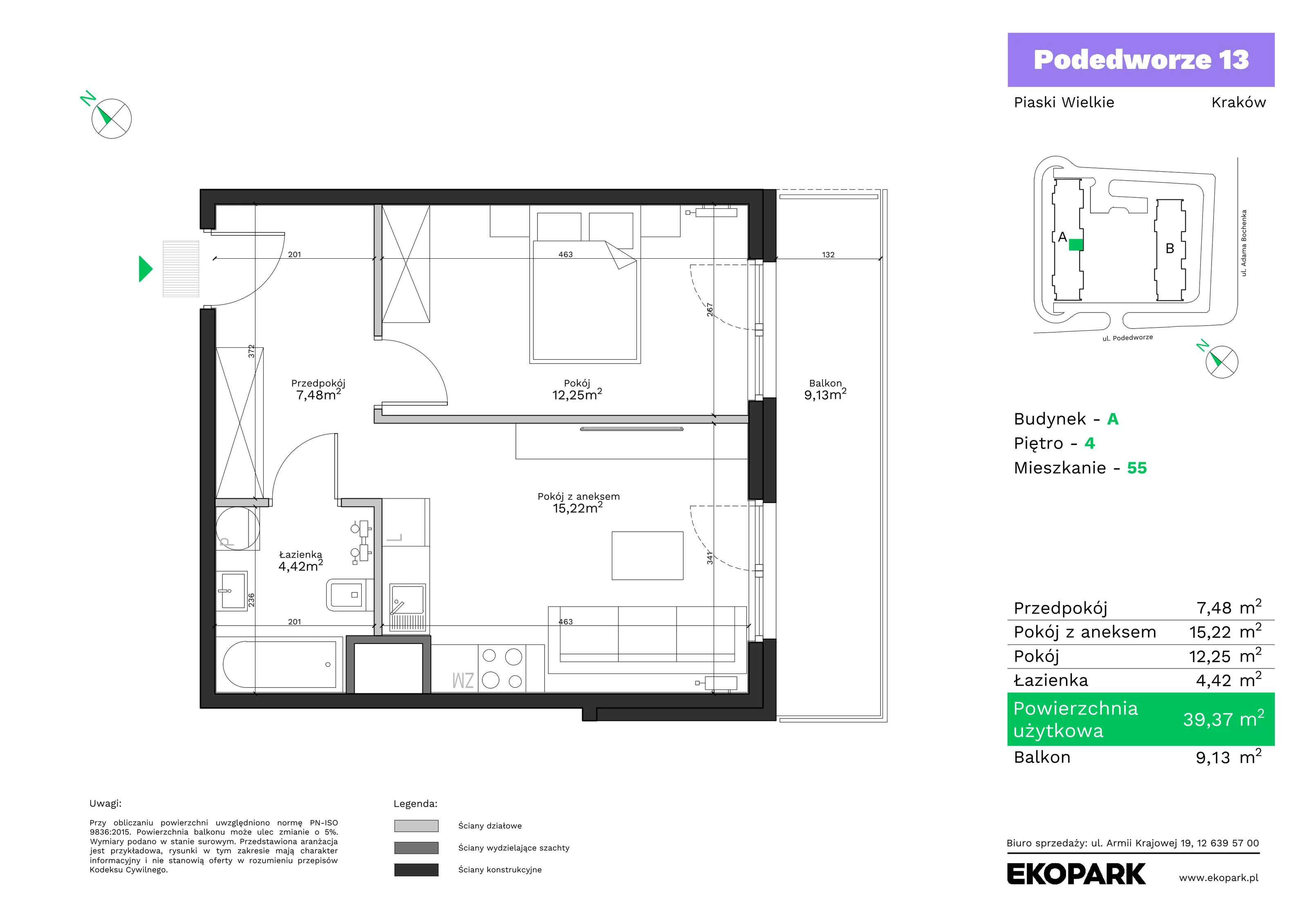 2 pokoje, mieszkanie 39,37 m², piętro 4, oferta nr A55, Podedworze 13, Kraków, Podgórze Duchackie, Piaski Wielkie, ul. Podedworze 13
