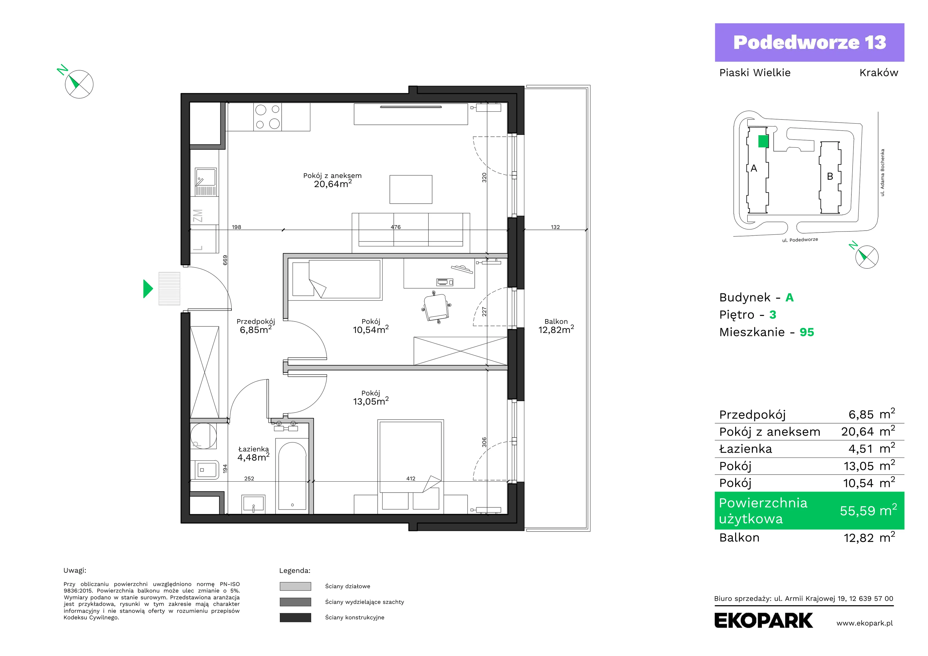 3 pokoje, mieszkanie 55,59 m², piętro 3, oferta nr A95, Podedworze 13, Kraków, Podgórze Duchackie, Piaski Wielkie, ul. Podedworze 13