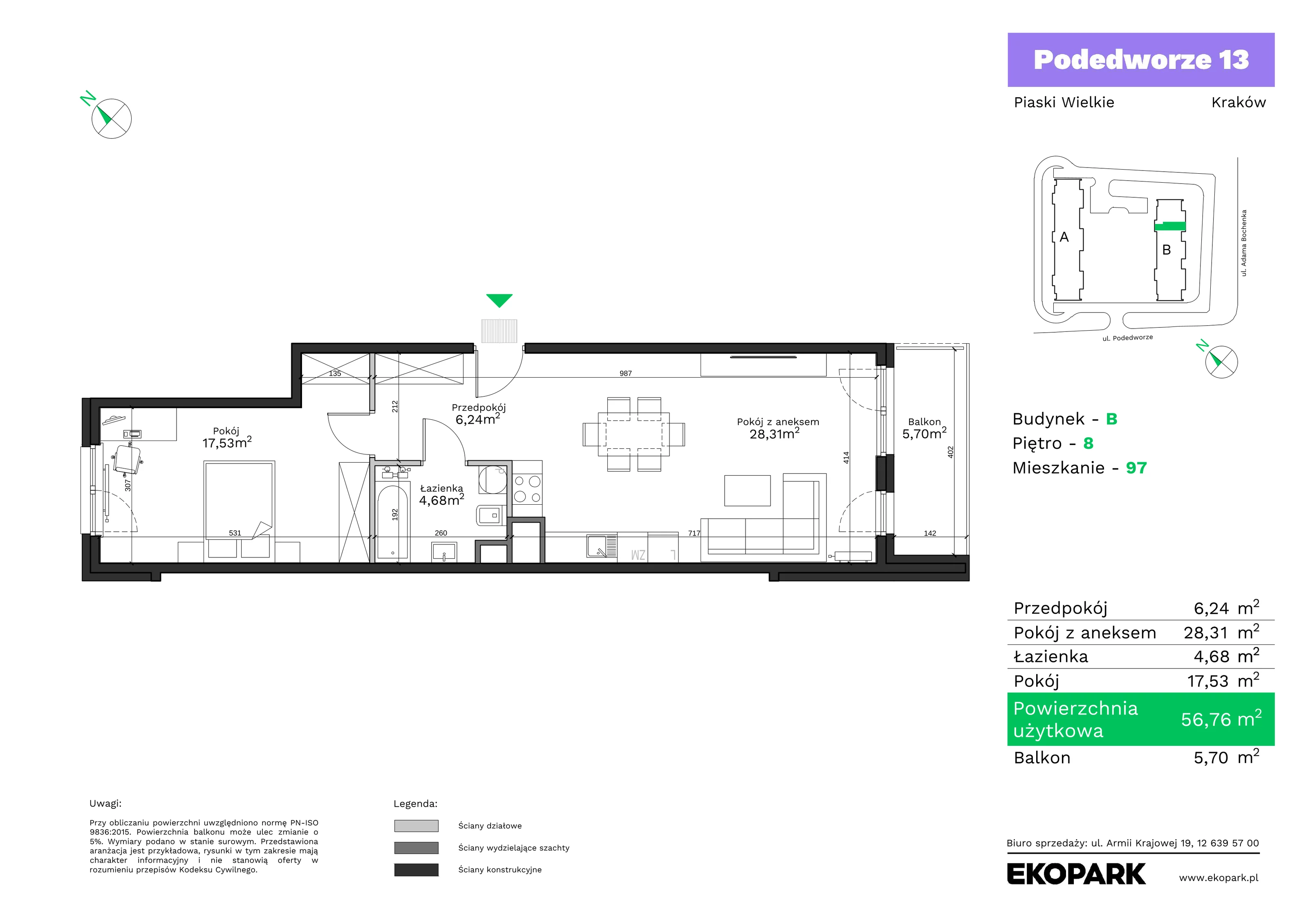 2 pokoje, mieszkanie 56,76 m², piętro 8, oferta nr B97, Podedworze 13, Kraków, Podgórze Duchackie, Piaski Wielkie, ul. Podedworze 13