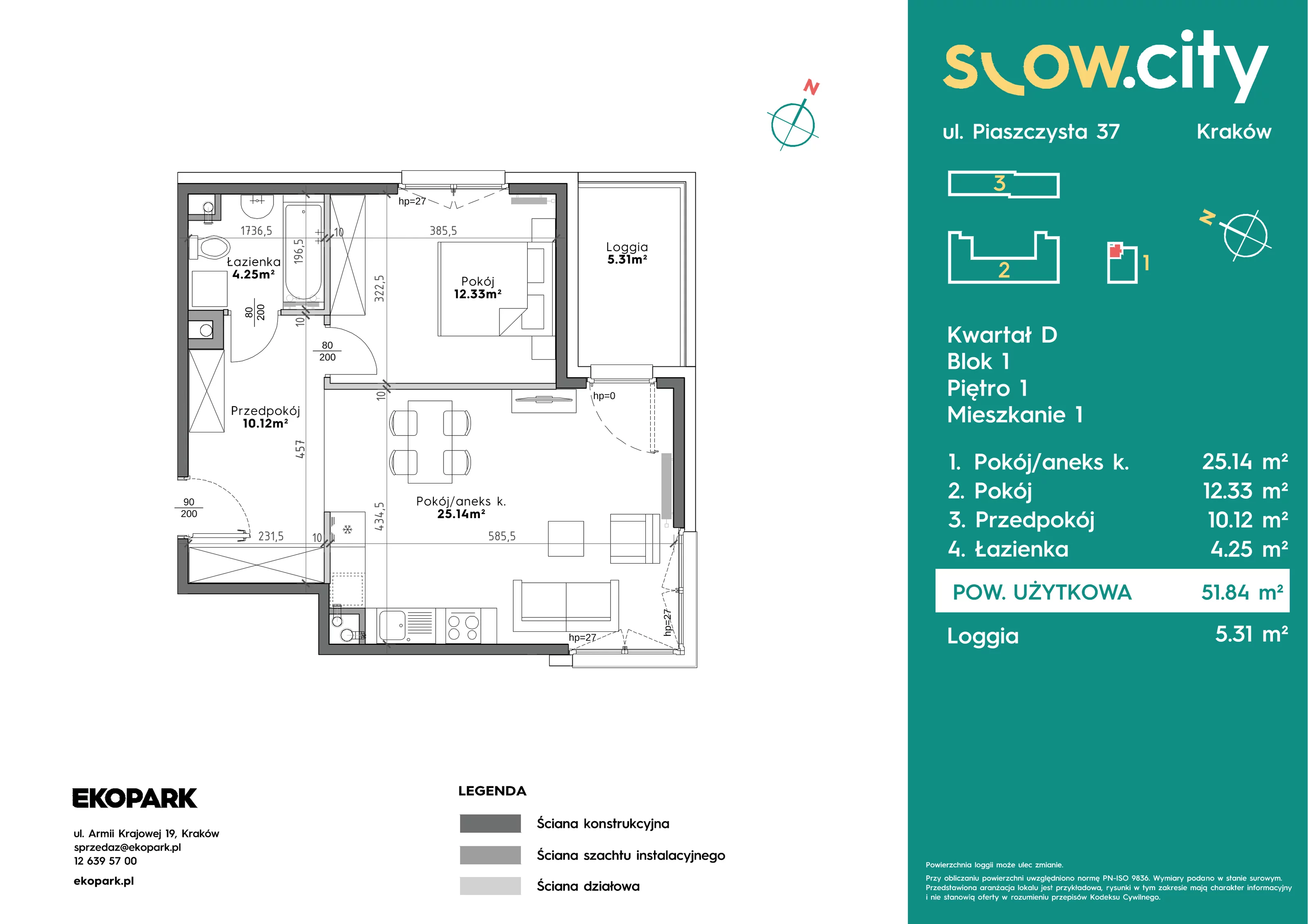 2 pokoje, mieszkanie 51,84 m², piętro 1, oferta nr D1-1, Slow City - Etap D, Kraków, Prądnik Biały, ul. Piaszczysta