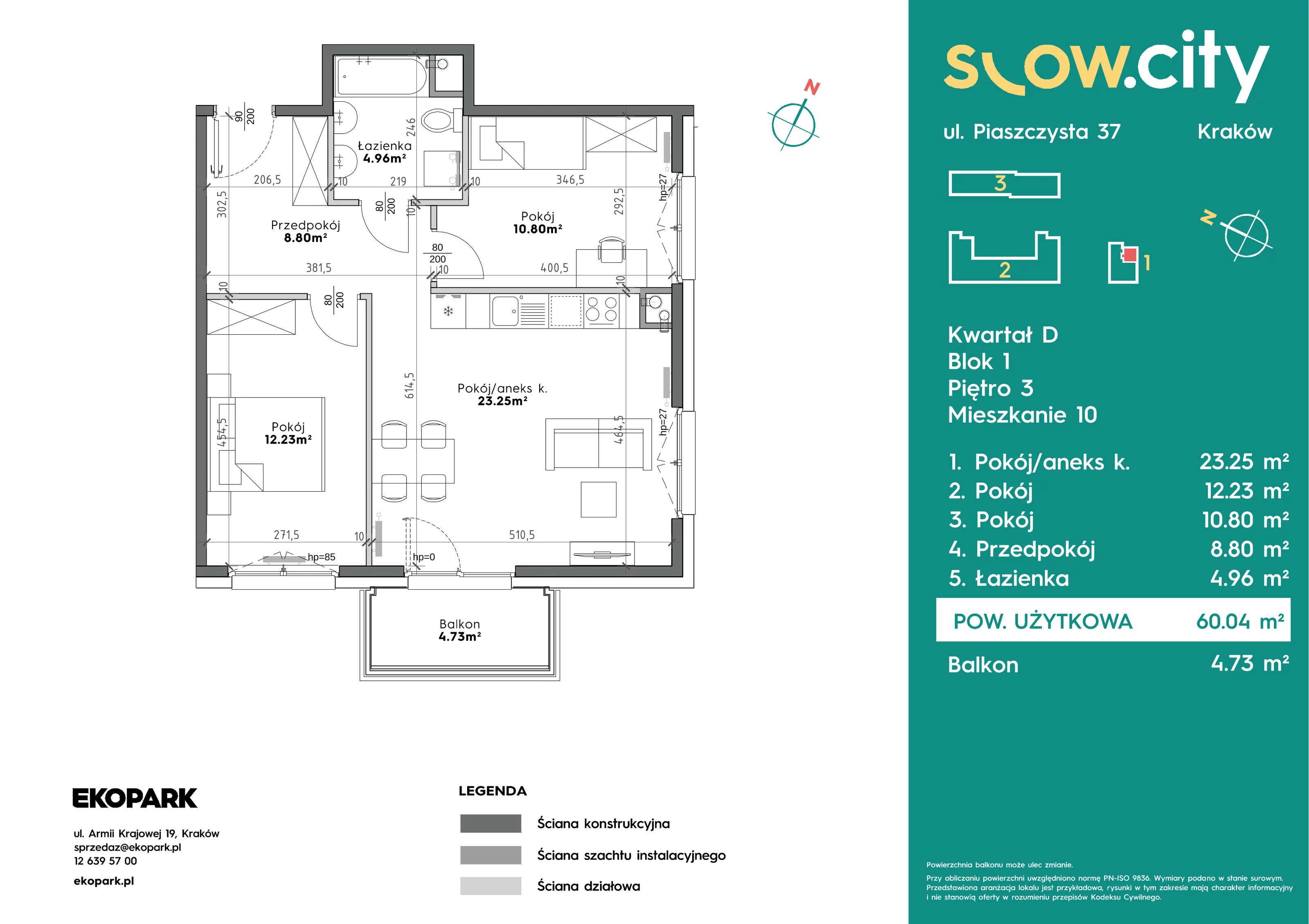 3 pokoje, mieszkanie 60,04 m², piętro 3, oferta nr D1-10, Slow City - Etap D, Kraków, Prądnik Biały, ul. Piaszczysta