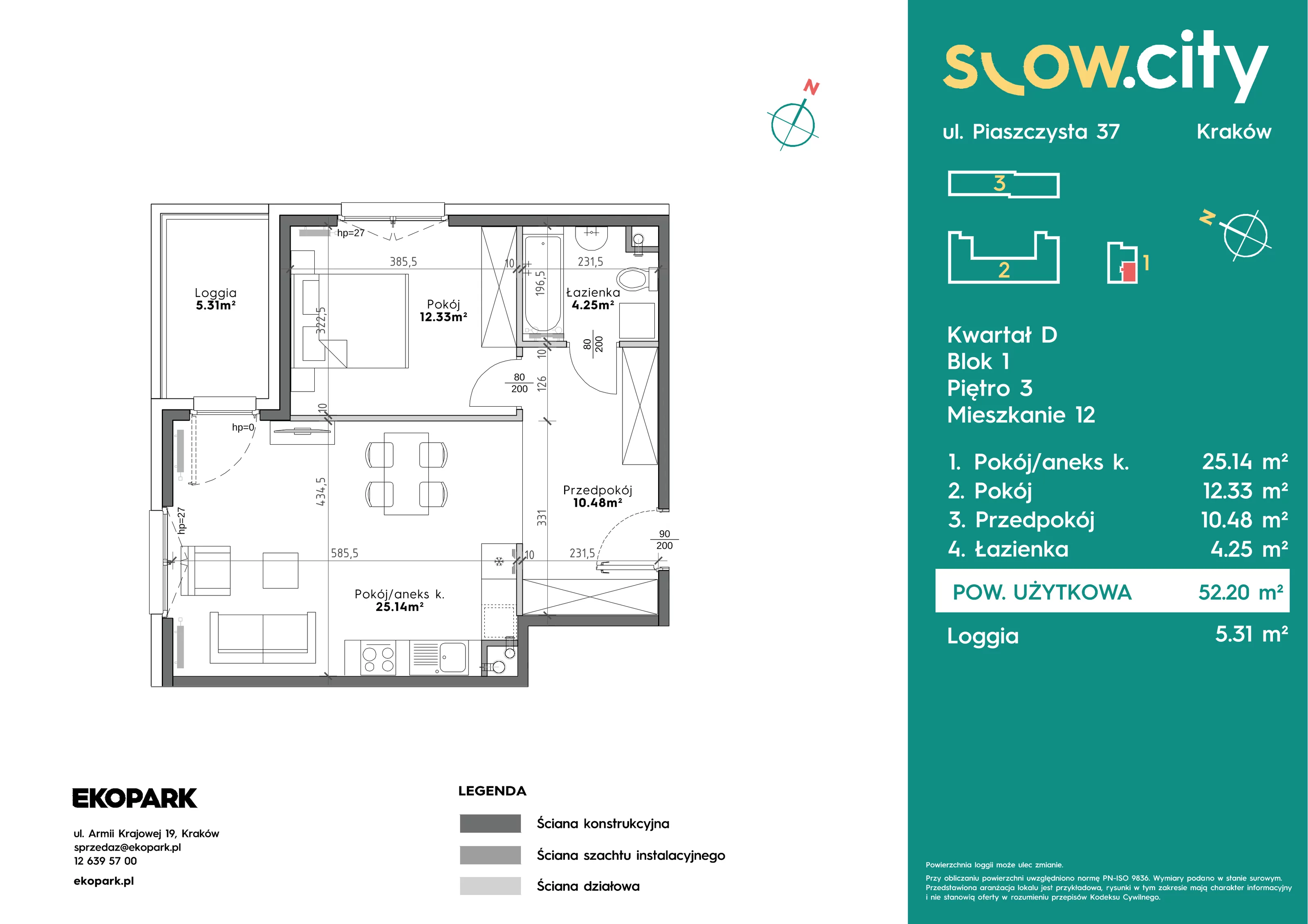 2 pokoje, mieszkanie 52,20 m², piętro 3, oferta nr D1-12, Slow City - Etap D, Kraków, Prądnik Biały, ul. Piaszczysta