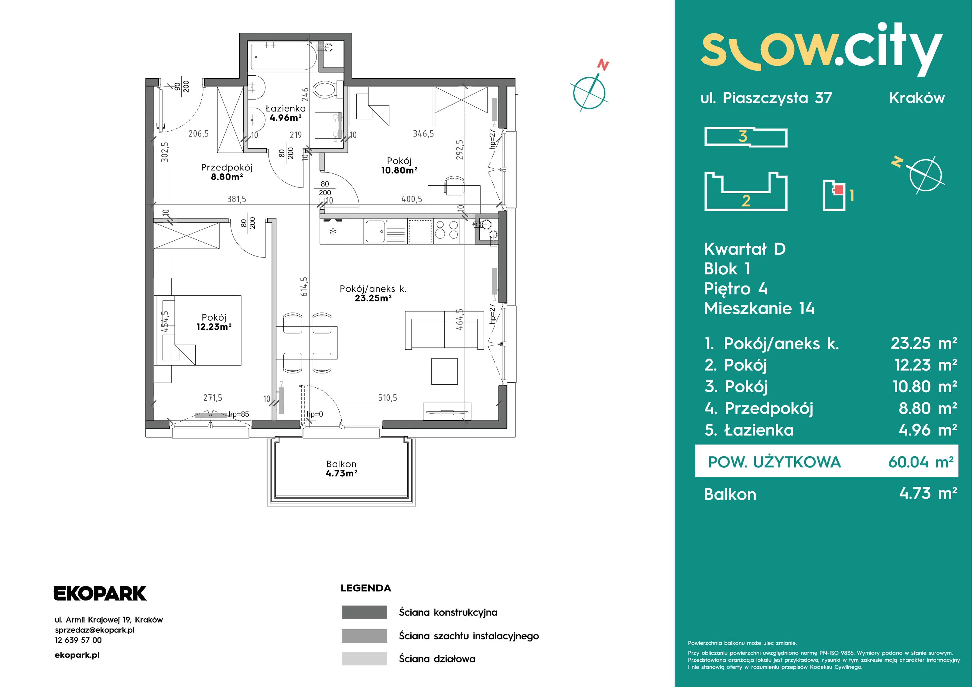 3 pokoje, mieszkanie 60,04 m², piętro 4, oferta nr D1-14, Slow City - Etap D, Kraków, Prądnik Biały, ul. Piaszczysta