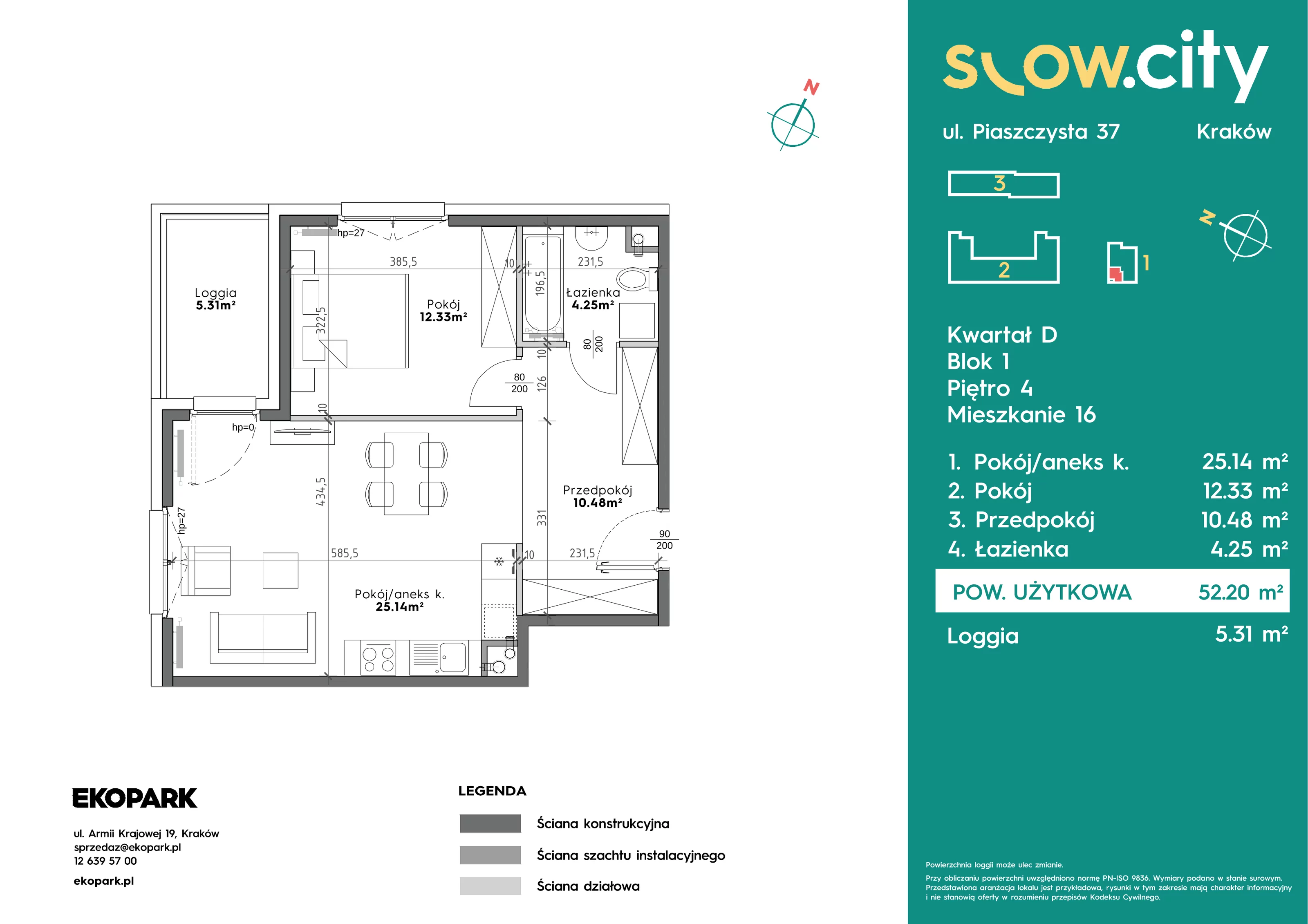 2 pokoje, mieszkanie 52,20 m², piętro 4, oferta nr D1-16, Slow City - Etap D, Kraków, Prądnik Biały, ul. Piaszczysta