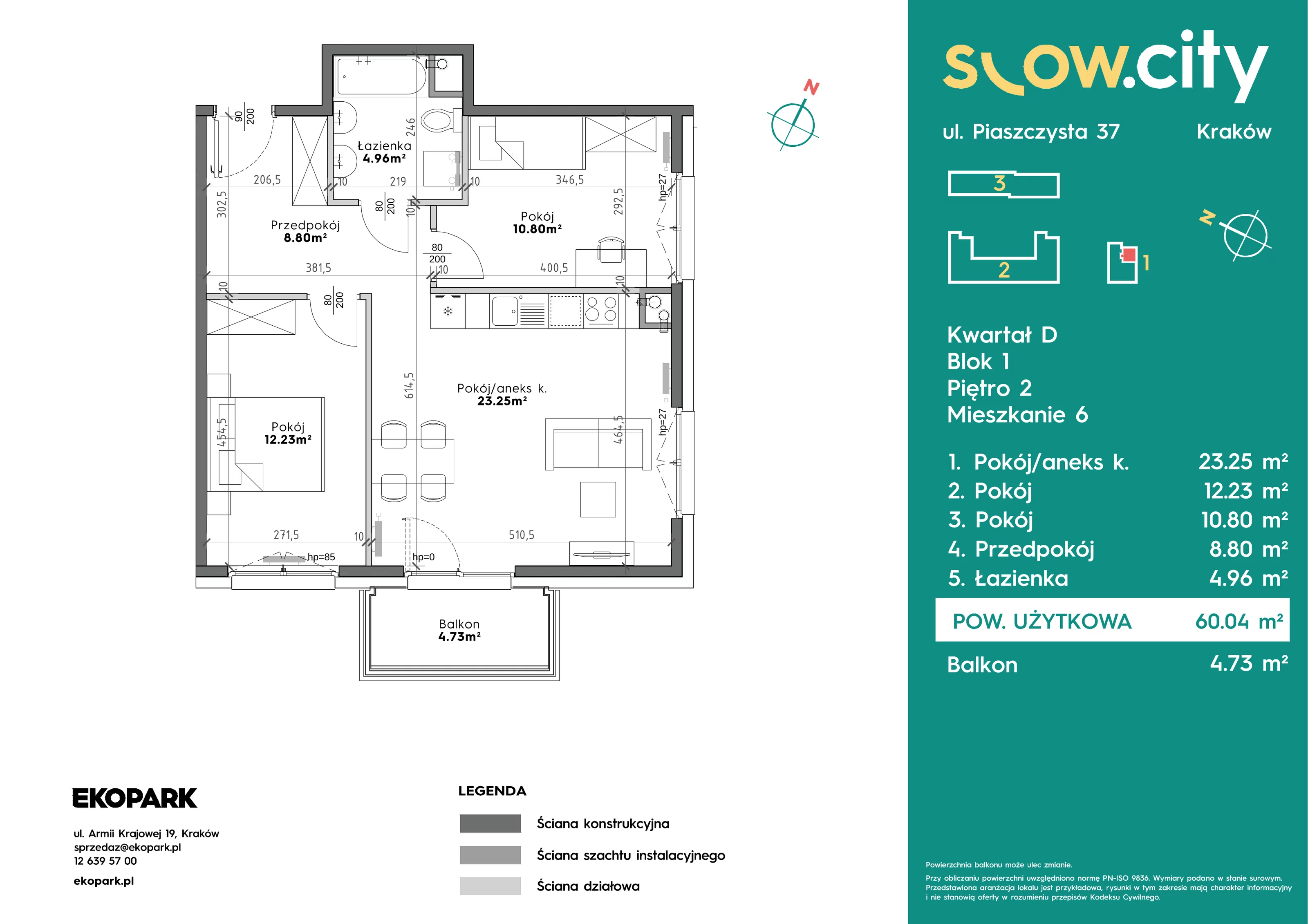 3 pokoje, mieszkanie 60,04 m², piętro 2, oferta nr D1-6, Slow City - Etap D, Kraków, Prądnik Biały, ul. Piaszczysta
