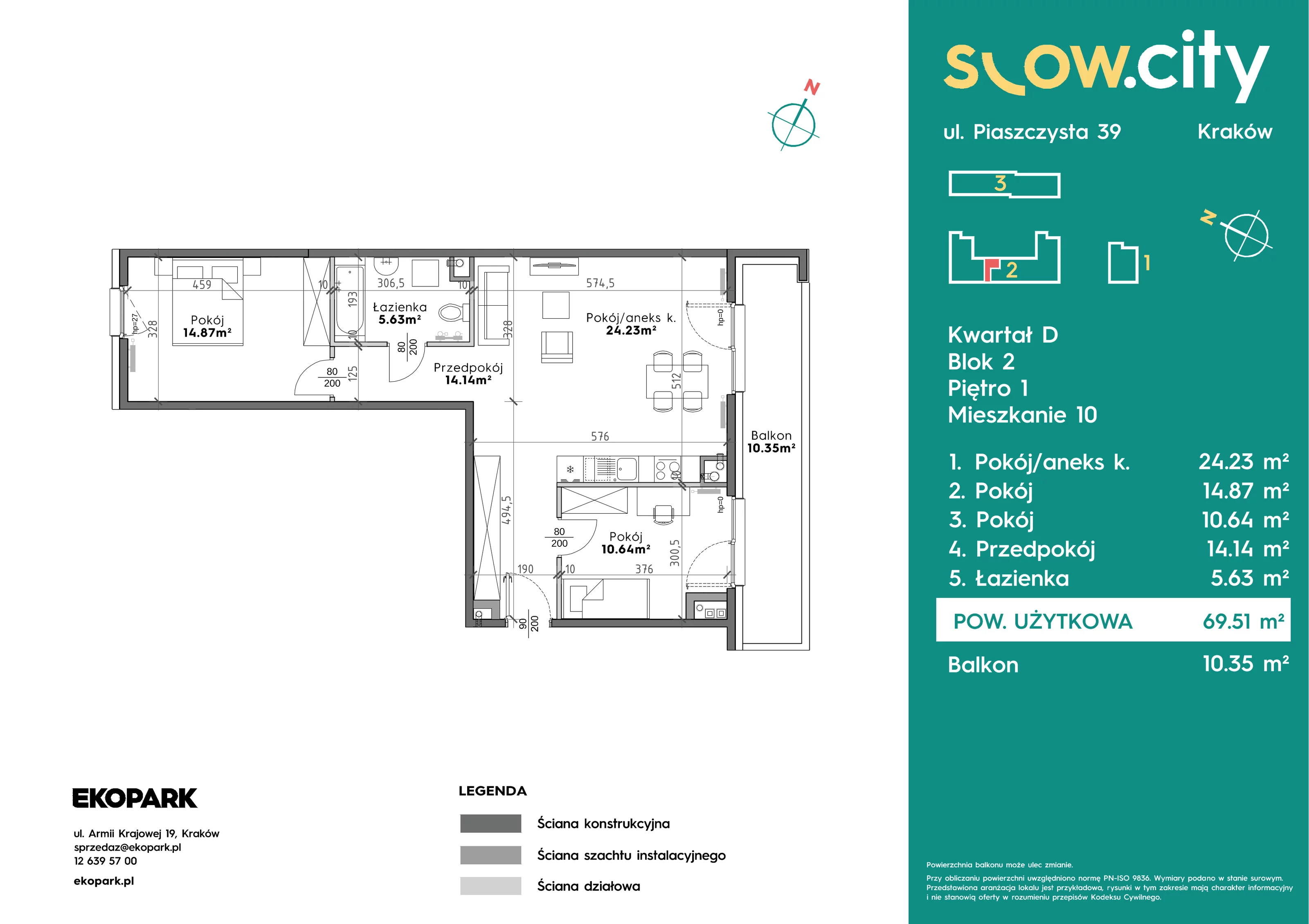 3 pokoje, mieszkanie 69,51 m², piętro 1, oferta nr D2-10, Slow City - Etap D, Kraków, Prądnik Biały, ul. Piaszczysta