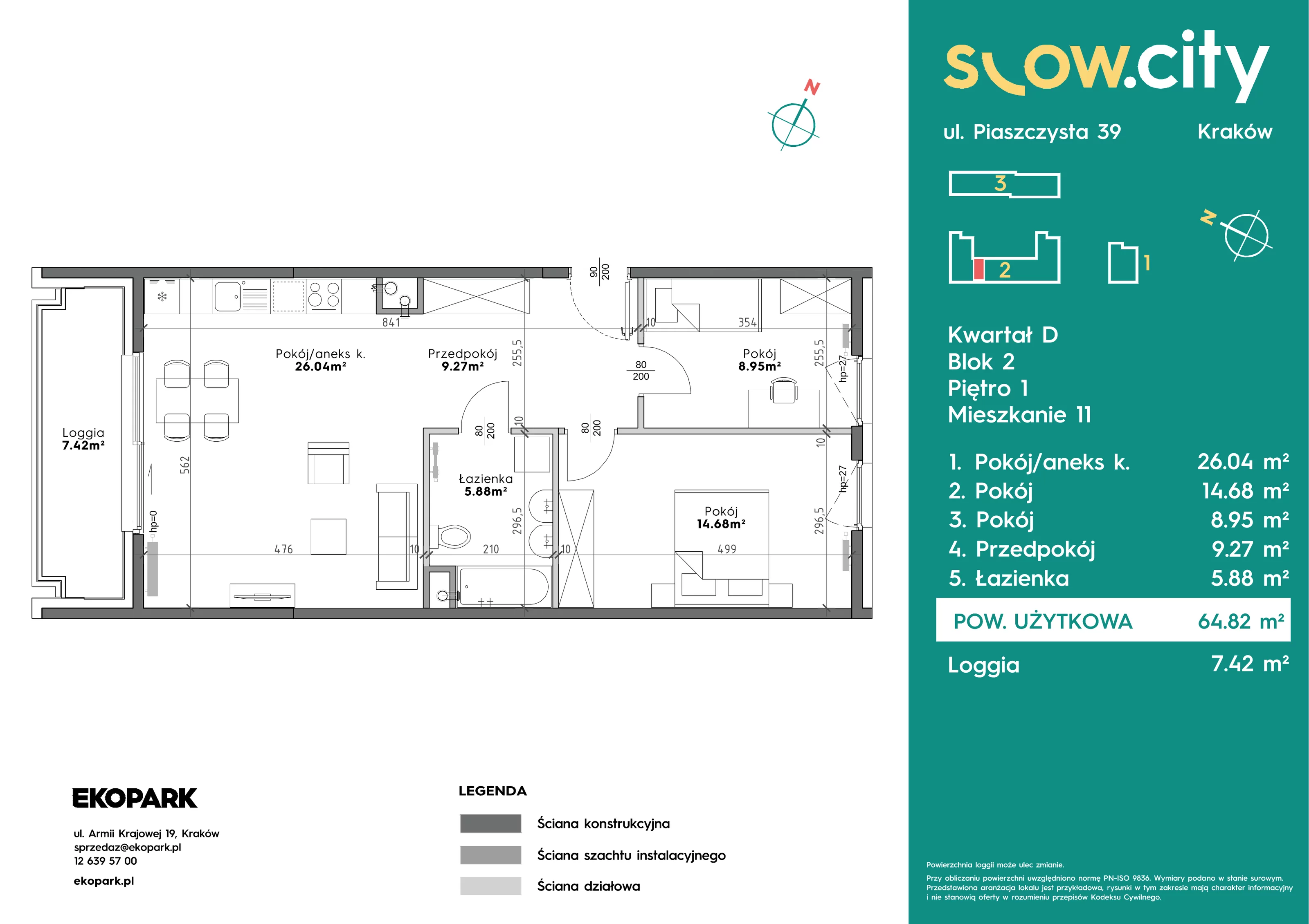 3 pokoje, mieszkanie 64,82 m², piętro 1, oferta nr D2-11, Slow City - Etap D, Kraków, Prądnik Biały, ul. Piaszczysta