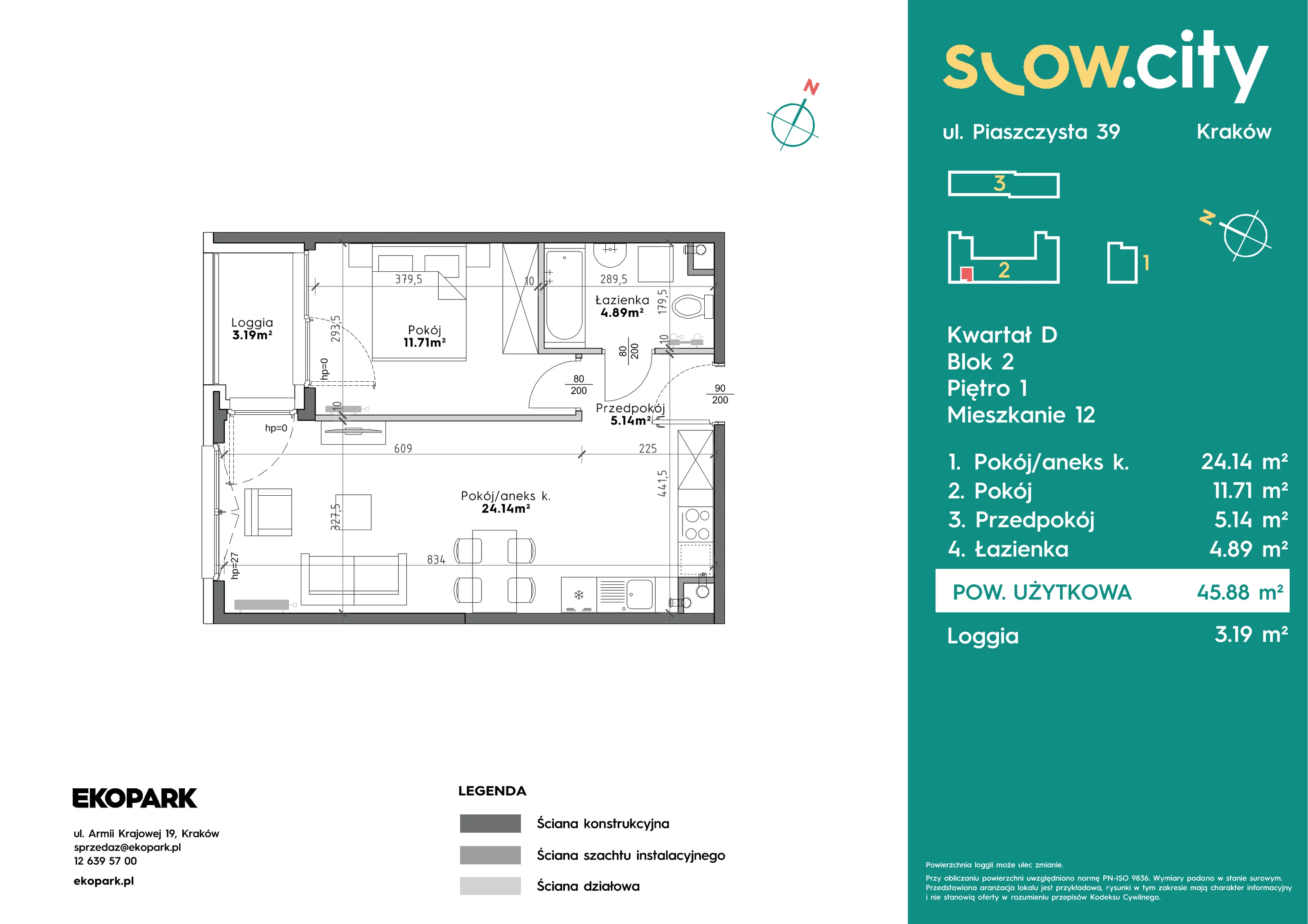 2 pokoje, mieszkanie 45,88 m², piętro 1, oferta nr D2-12, Slow City - Etap D, Kraków, Prądnik Biały, ul. Piaszczysta