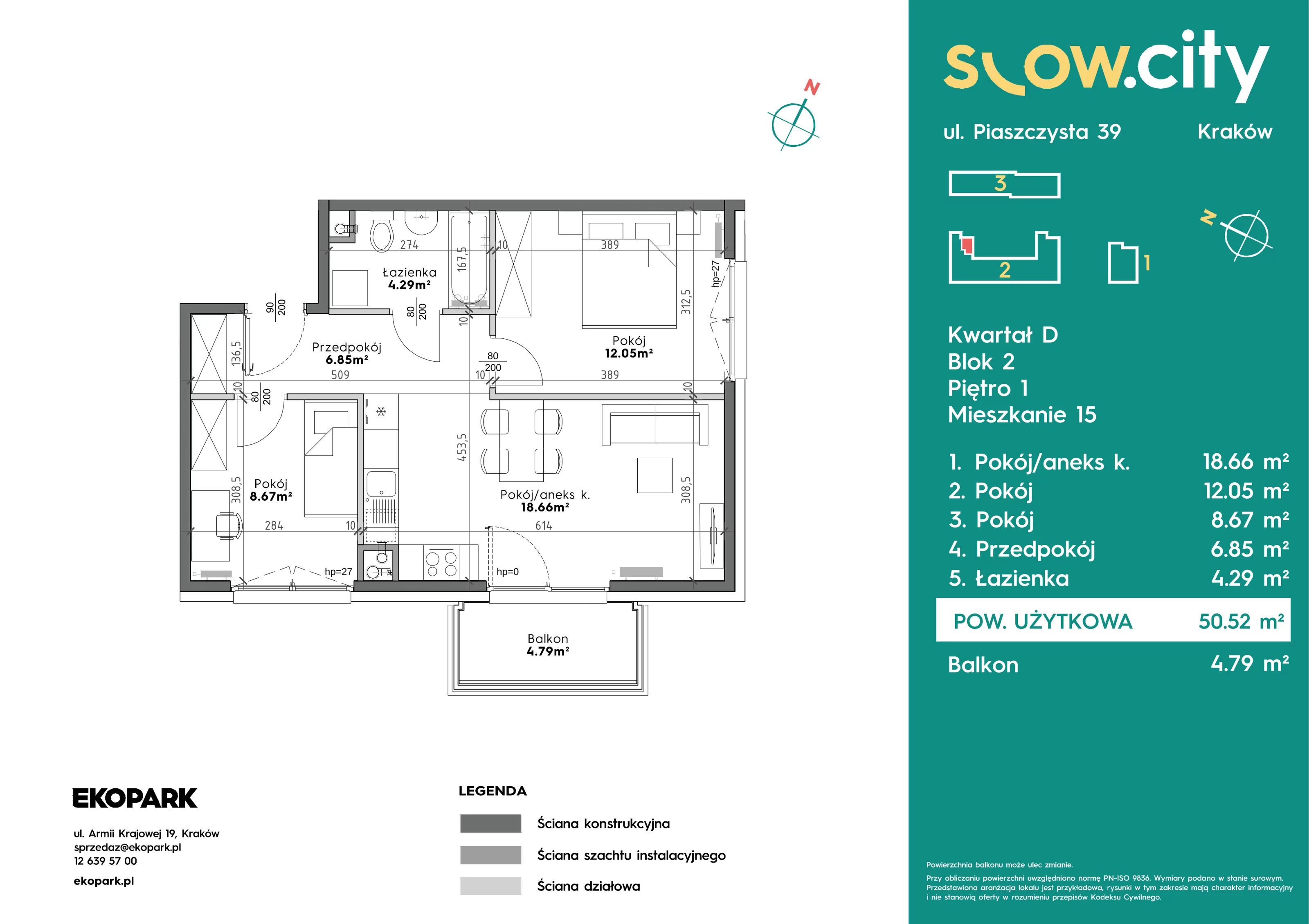 3 pokoje, mieszkanie 50,52 m², piętro 1, oferta nr D2-15, Slow City - Etap D, Kraków, Prądnik Biały, ul. Piaszczysta