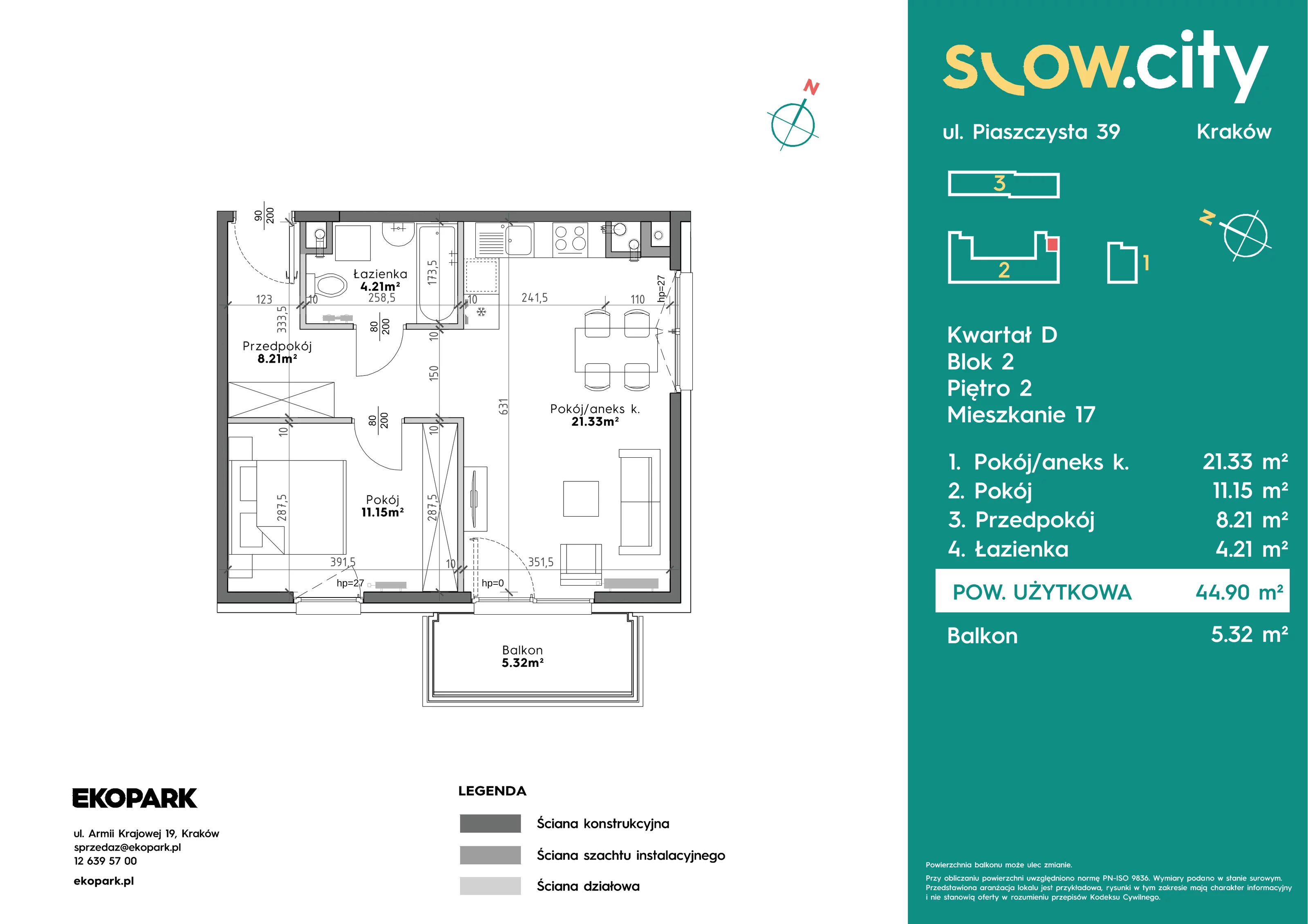 2 pokoje, mieszkanie 44,90 m², piętro 2, oferta nr D2-17, Slow City - Etap D, Kraków, Prądnik Biały, ul. Piaszczysta
