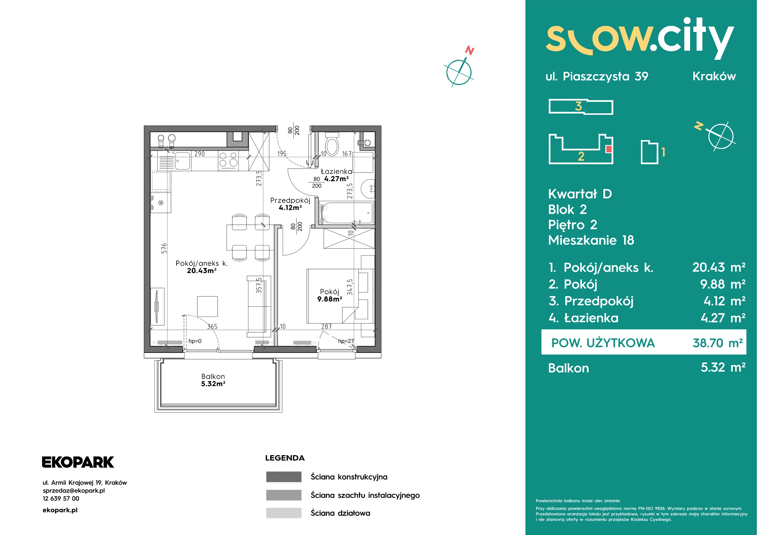 2 pokoje, mieszkanie 38,70 m², piętro 2, oferta nr D2-18, Slow City - Etap D, Kraków, Prądnik Biały, ul. Piaszczysta