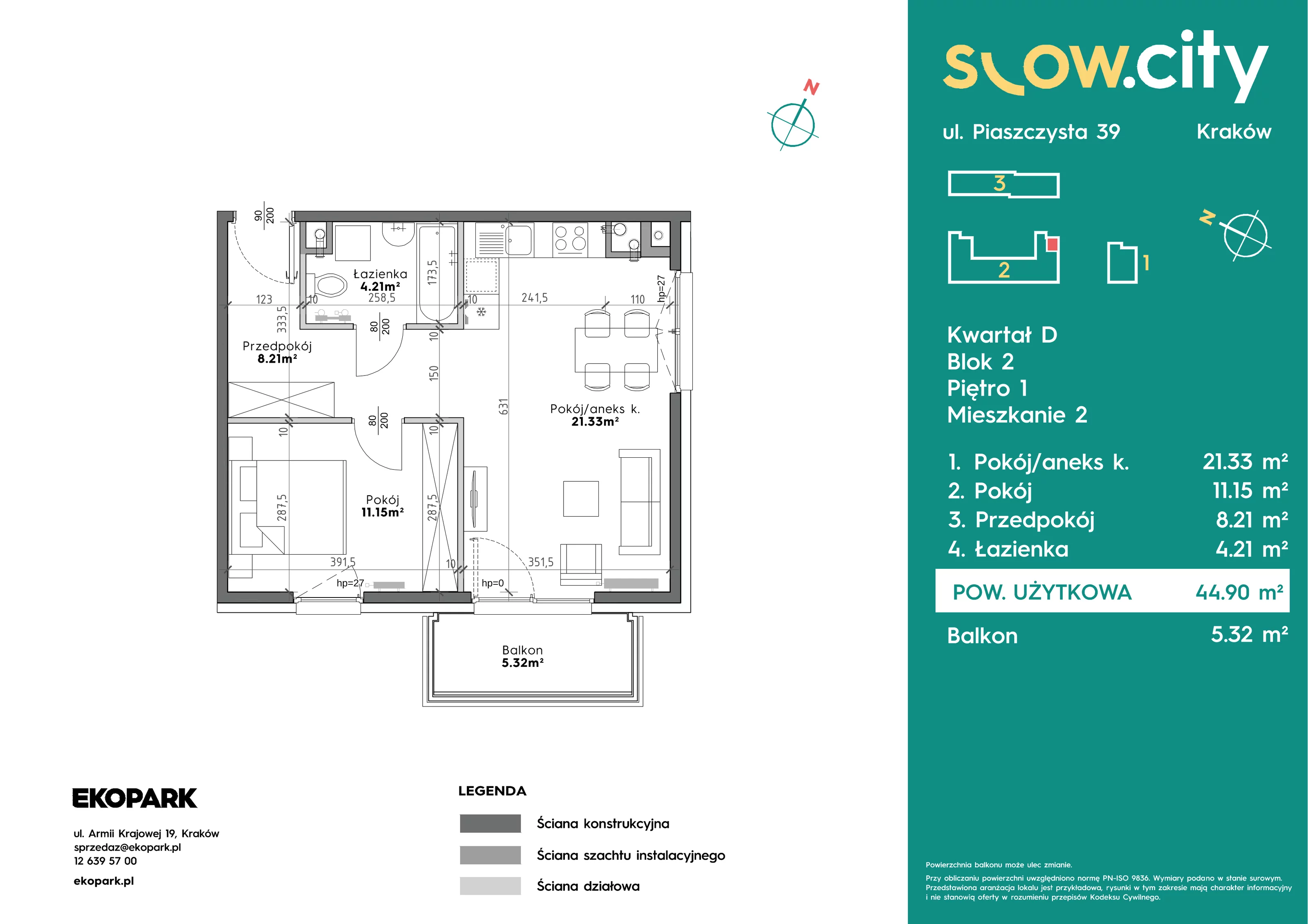 2 pokoje, mieszkanie 44,90 m², piętro 1, oferta nr D2-2, Slow City - Etap D, Kraków, Prądnik Biały, ul. Piaszczysta