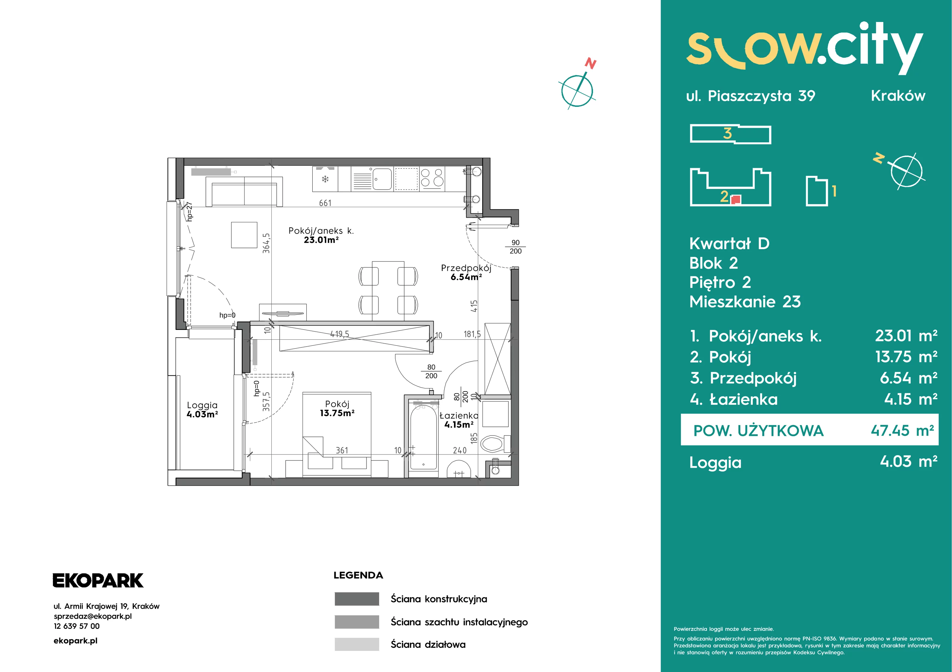 2 pokoje, mieszkanie 47,45 m², piętro 2, oferta nr D2-23, Slow City - Etap D, Kraków, Prądnik Biały, ul. Piaszczysta