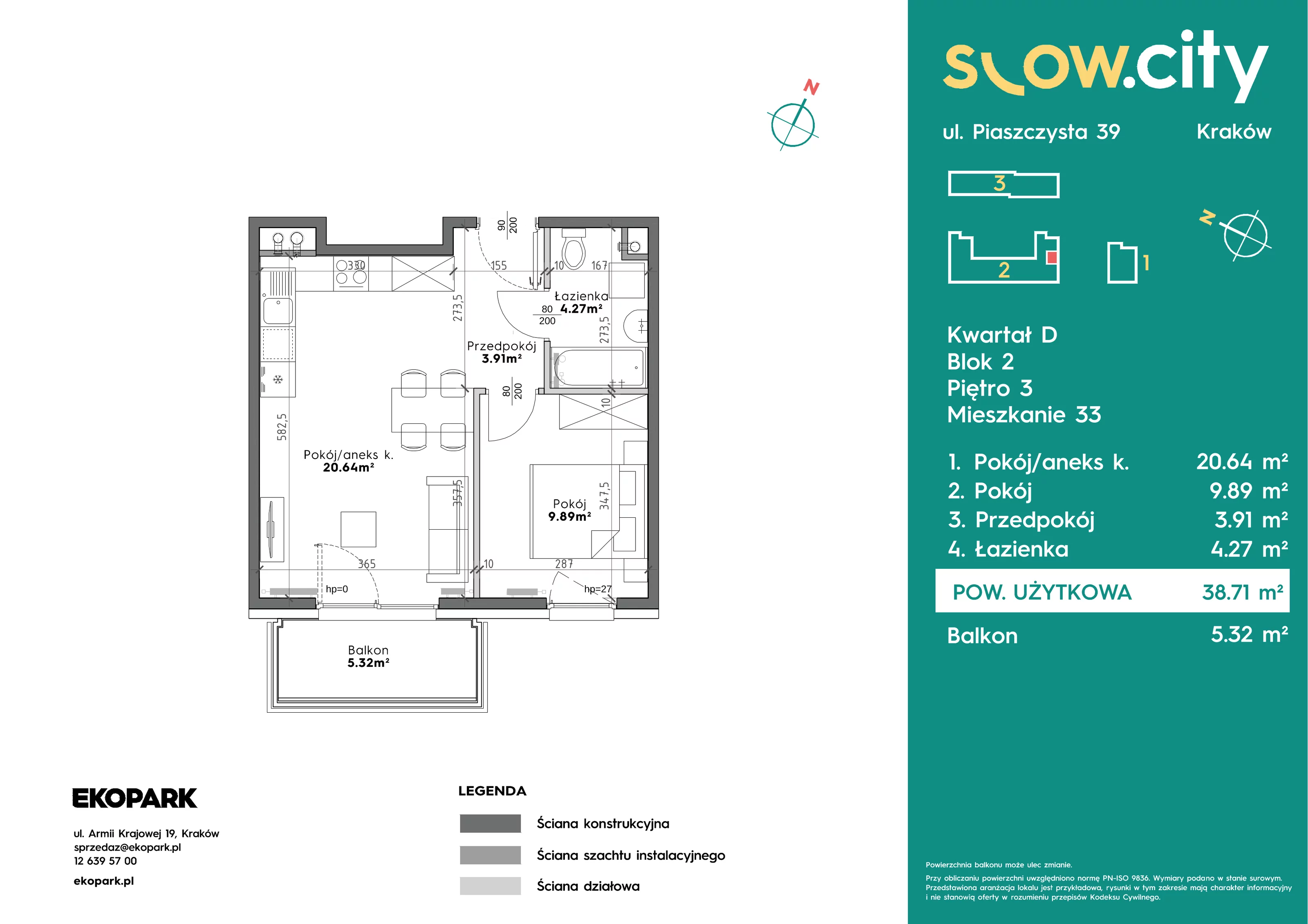 2 pokoje, mieszkanie 38,71 m², piętro 3, oferta nr D2-33, Slow City - Etap D, Kraków, Prądnik Biały, ul. Piaszczysta