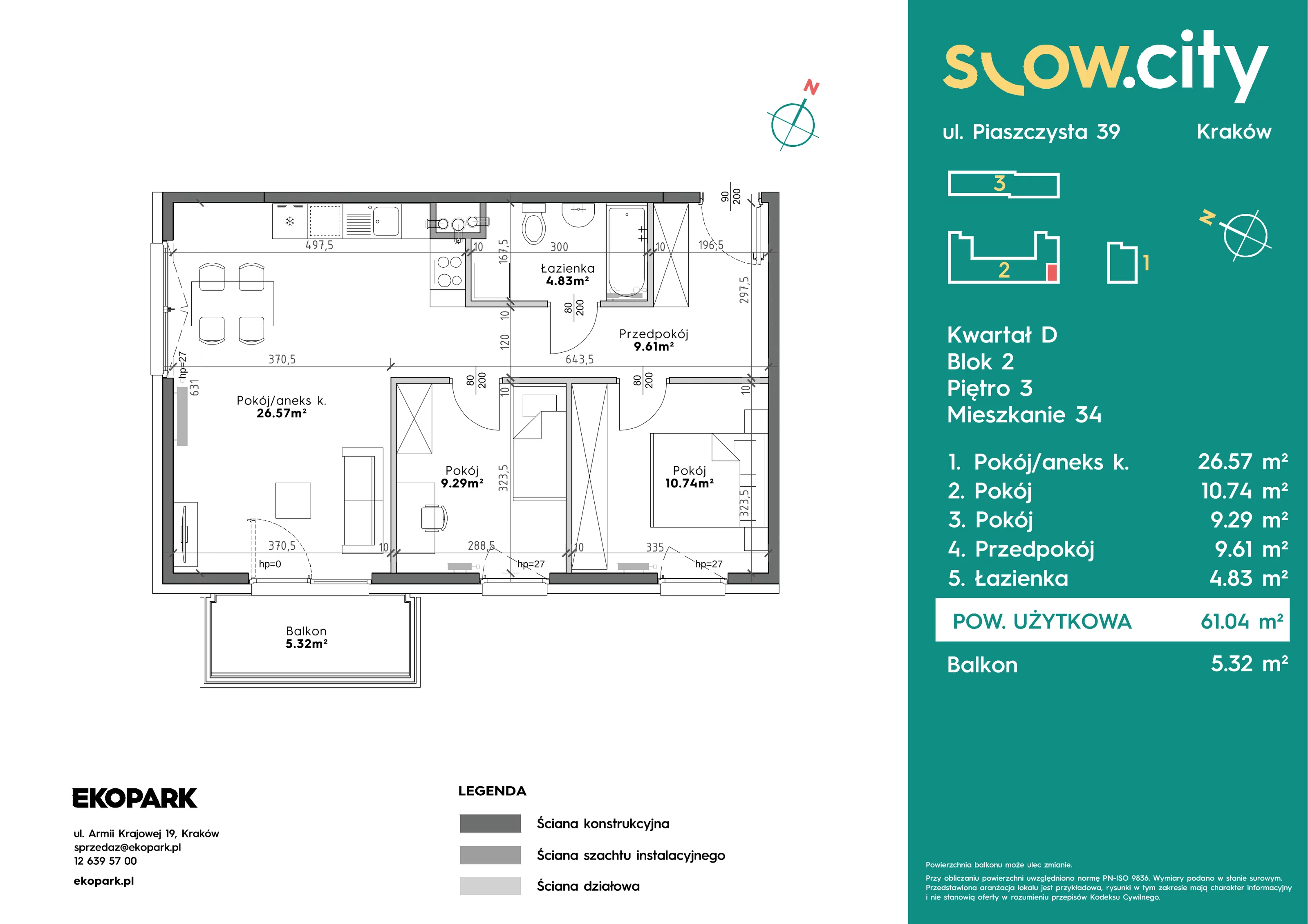 3 pokoje, mieszkanie 61,04 m², piętro 3, oferta nr D2-34, Slow City - Etap D, Kraków, Prądnik Biały, ul. Piaszczysta