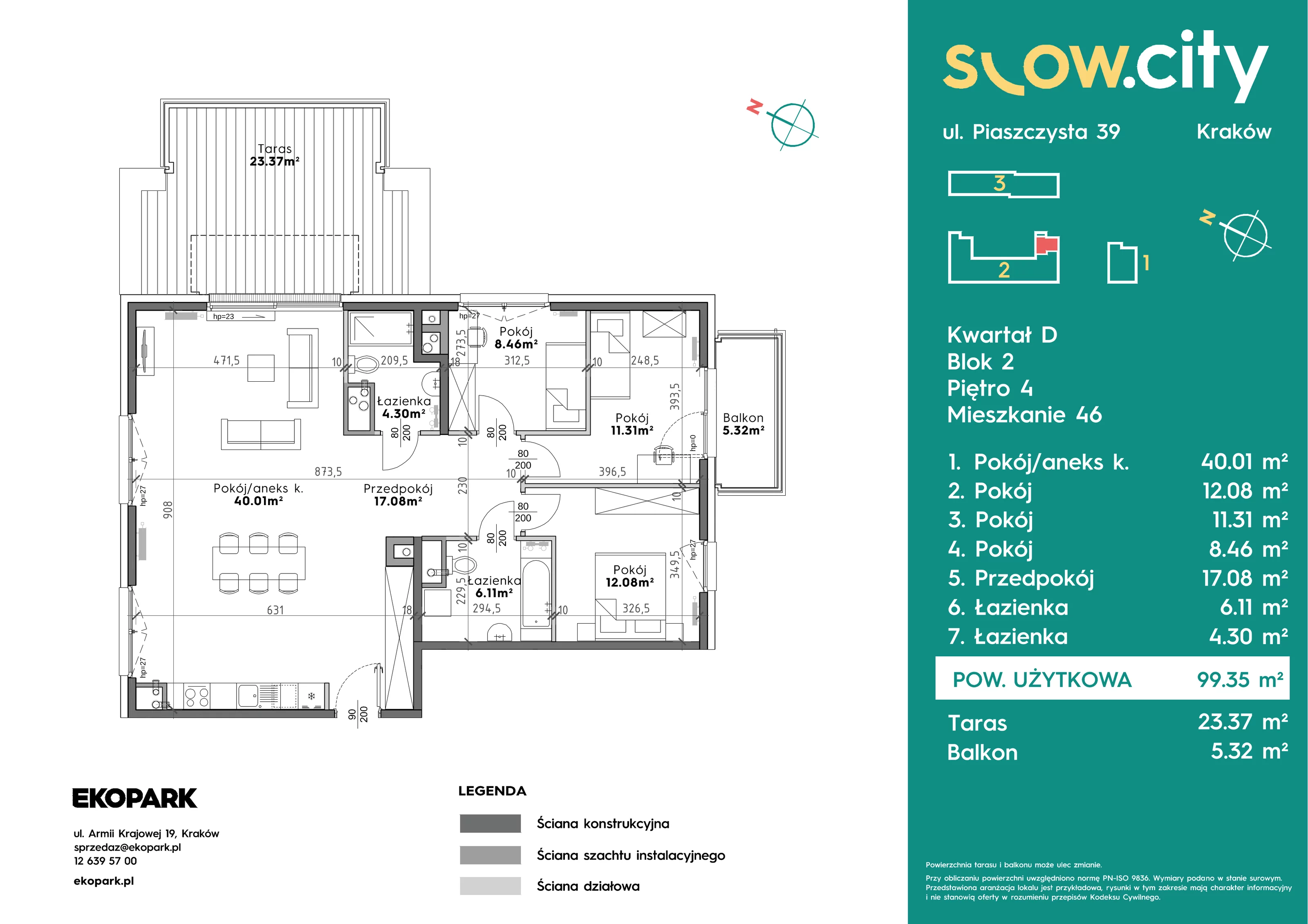 4 pokoje, mieszkanie 99,35 m², piętro 4, oferta nr D2-46, Slow City - Etap D, Kraków, Prądnik Biały, ul. Piaszczysta