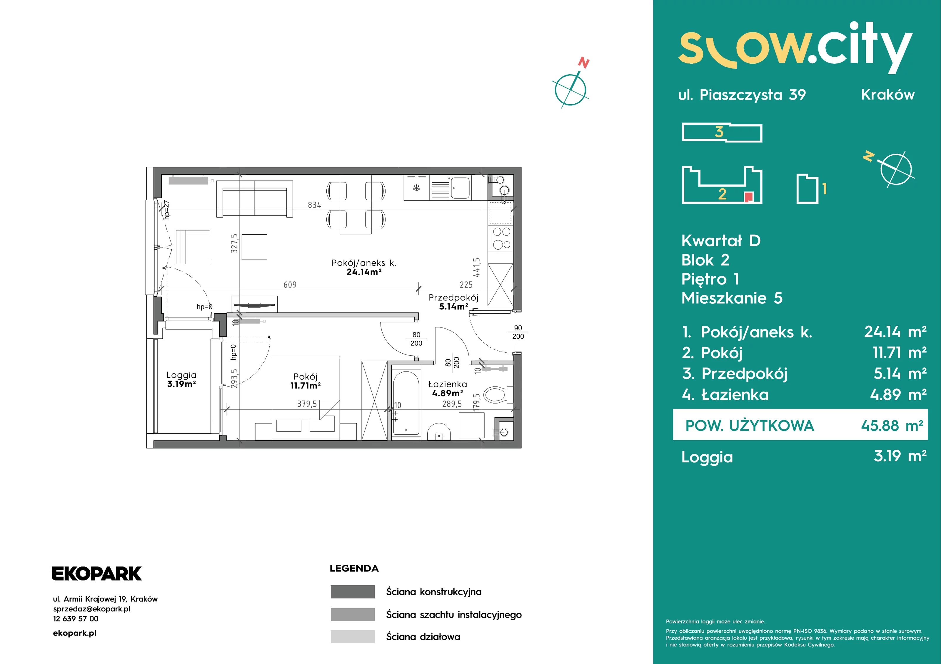 2 pokoje, mieszkanie 45,88 m², piętro 1, oferta nr D2-5, Slow City - Etap D, Kraków, Prądnik Biały, ul. Piaszczysta