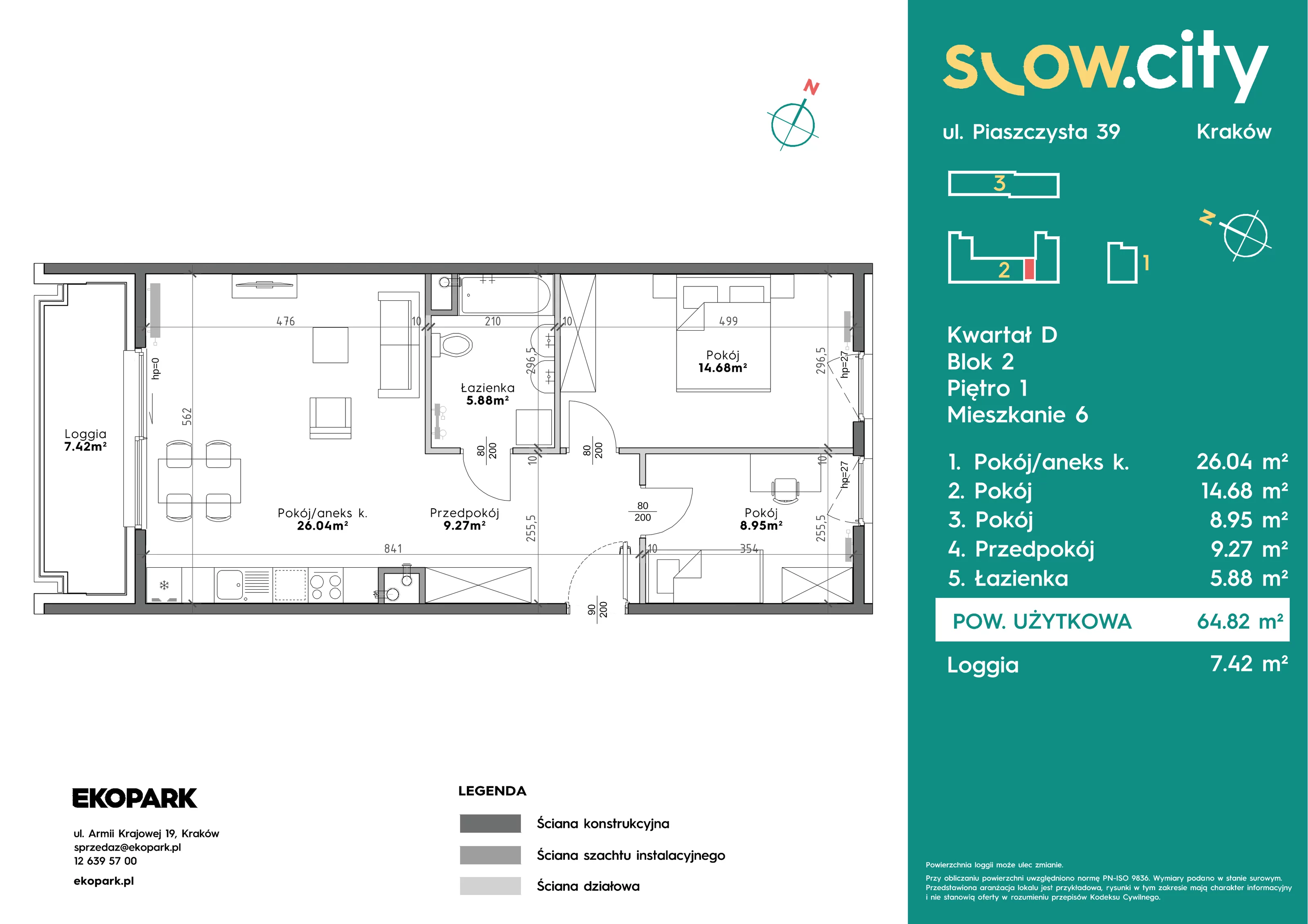 3 pokoje, mieszkanie 64,82 m², piętro 1, oferta nr D2-6, Slow City - Etap D, Kraków, Prądnik Biały, ul. Piaszczysta