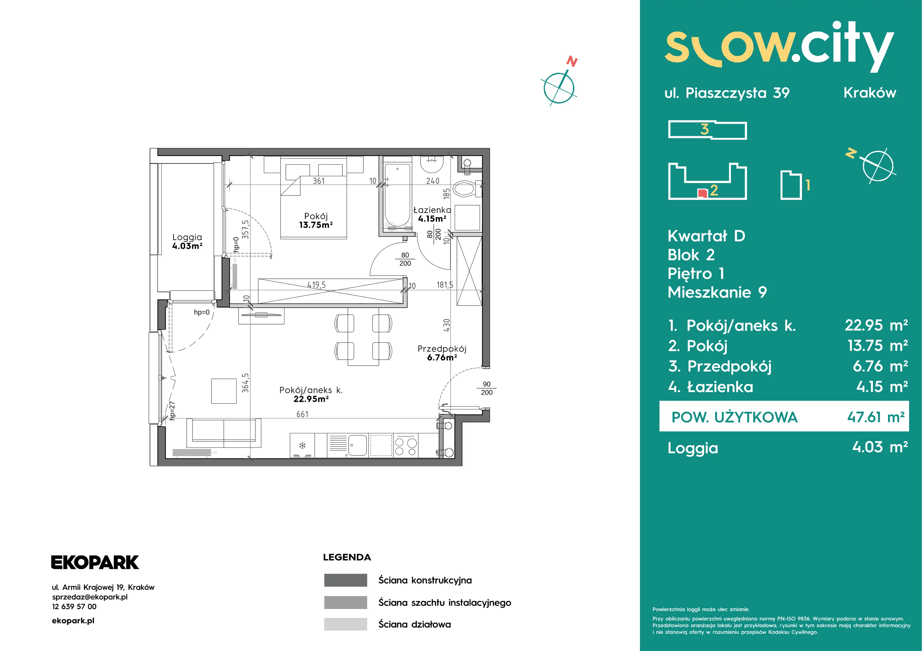 2 pokoje, mieszkanie 47,61 m², piętro 1, oferta nr D2-9, Slow City - Etap D, Kraków, Prądnik Biały, ul. Piaszczysta