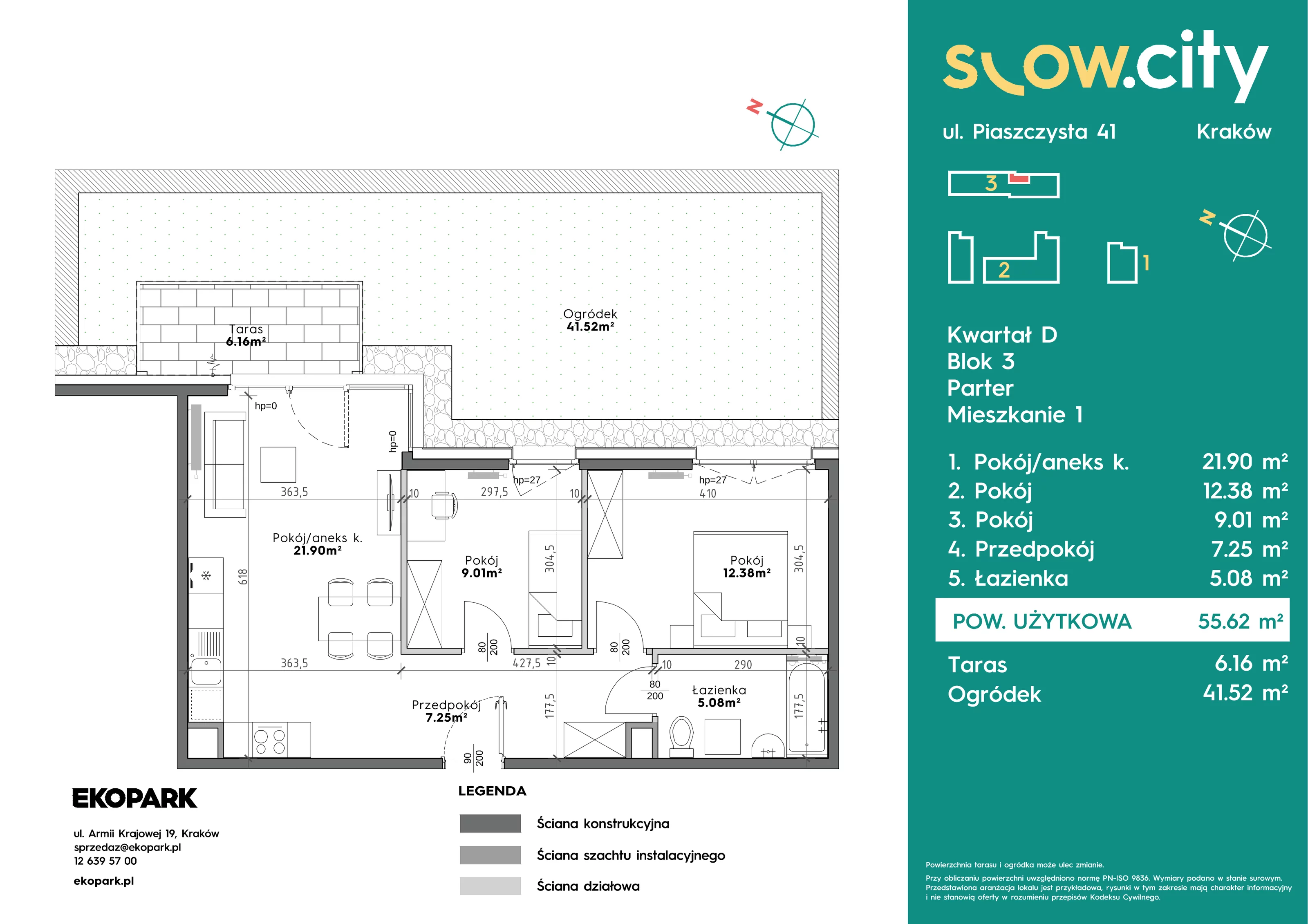 3 pokoje, mieszkanie 55,62 m², parter, oferta nr D3-1, Slow City - Etap D, Kraków, Prądnik Biały, ul. Piaszczysta