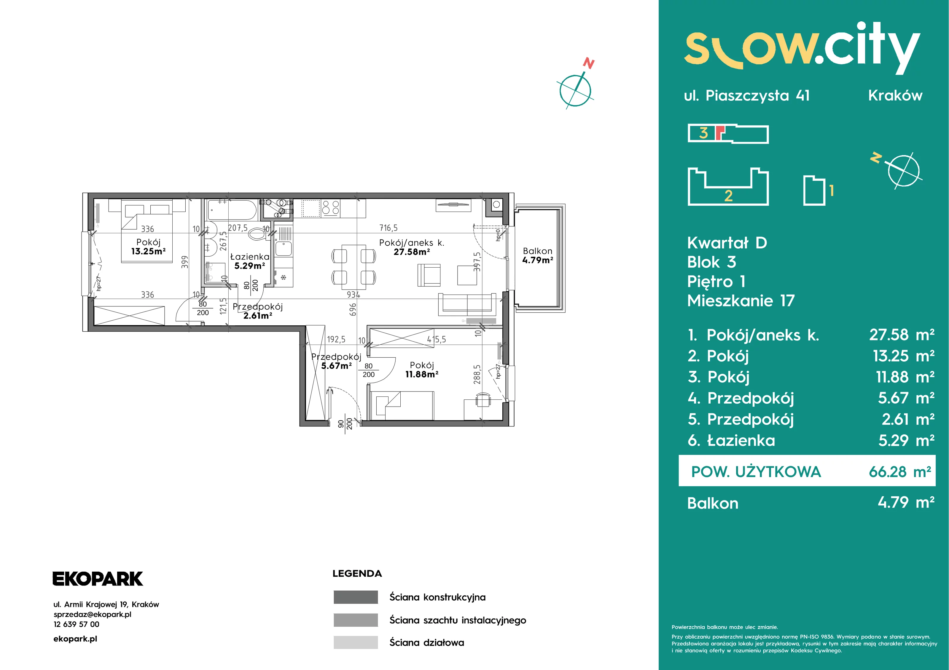 3 pokoje, mieszkanie 66,28 m², piętro 1, oferta nr D3-17, Slow City - Etap D, Kraków, Prądnik Biały, ul. Piaszczysta