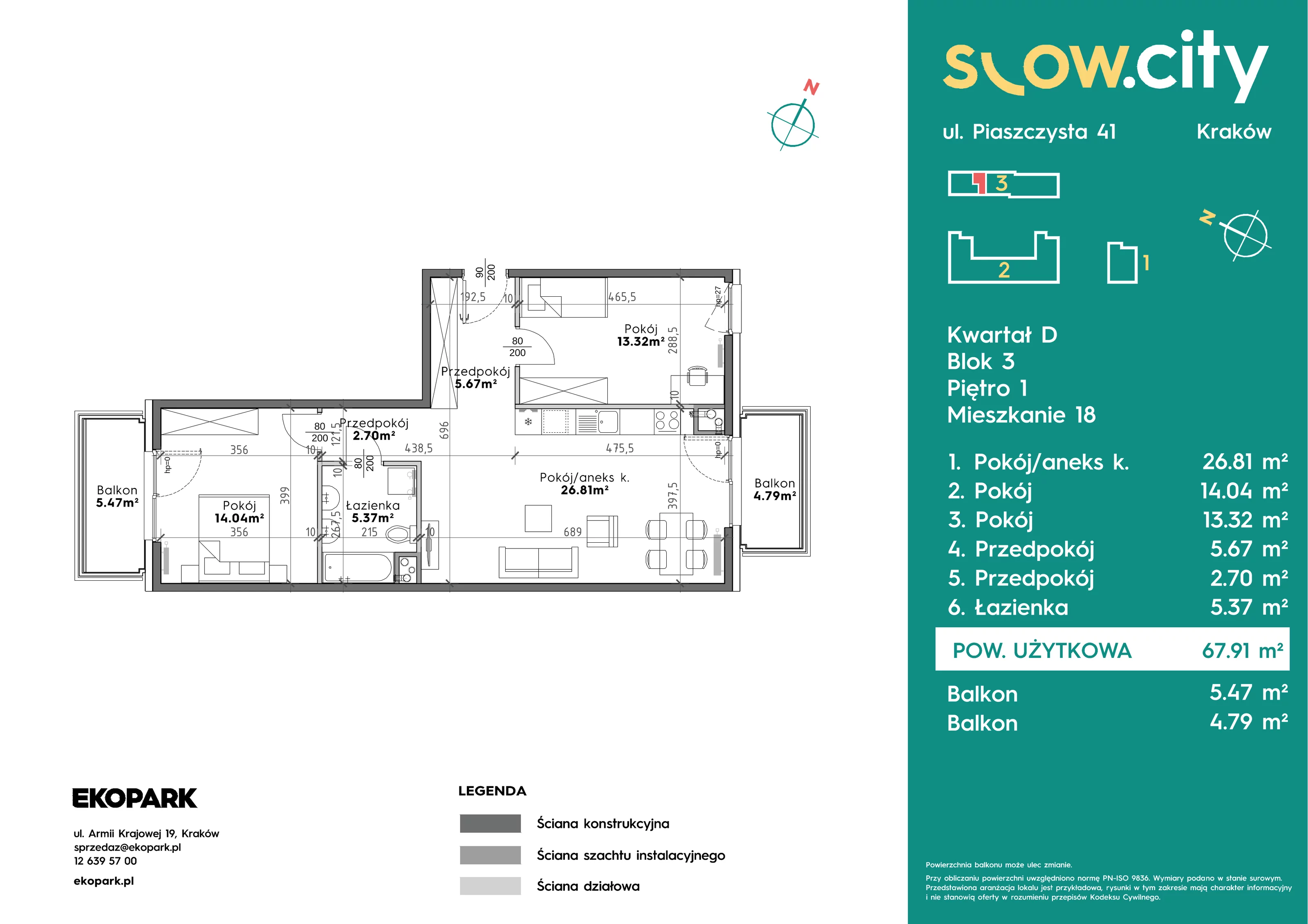 3 pokoje, mieszkanie 67,91 m², piętro 1, oferta nr D3-18, Slow City - Etap D, Kraków, Prądnik Biały, ul. Piaszczysta