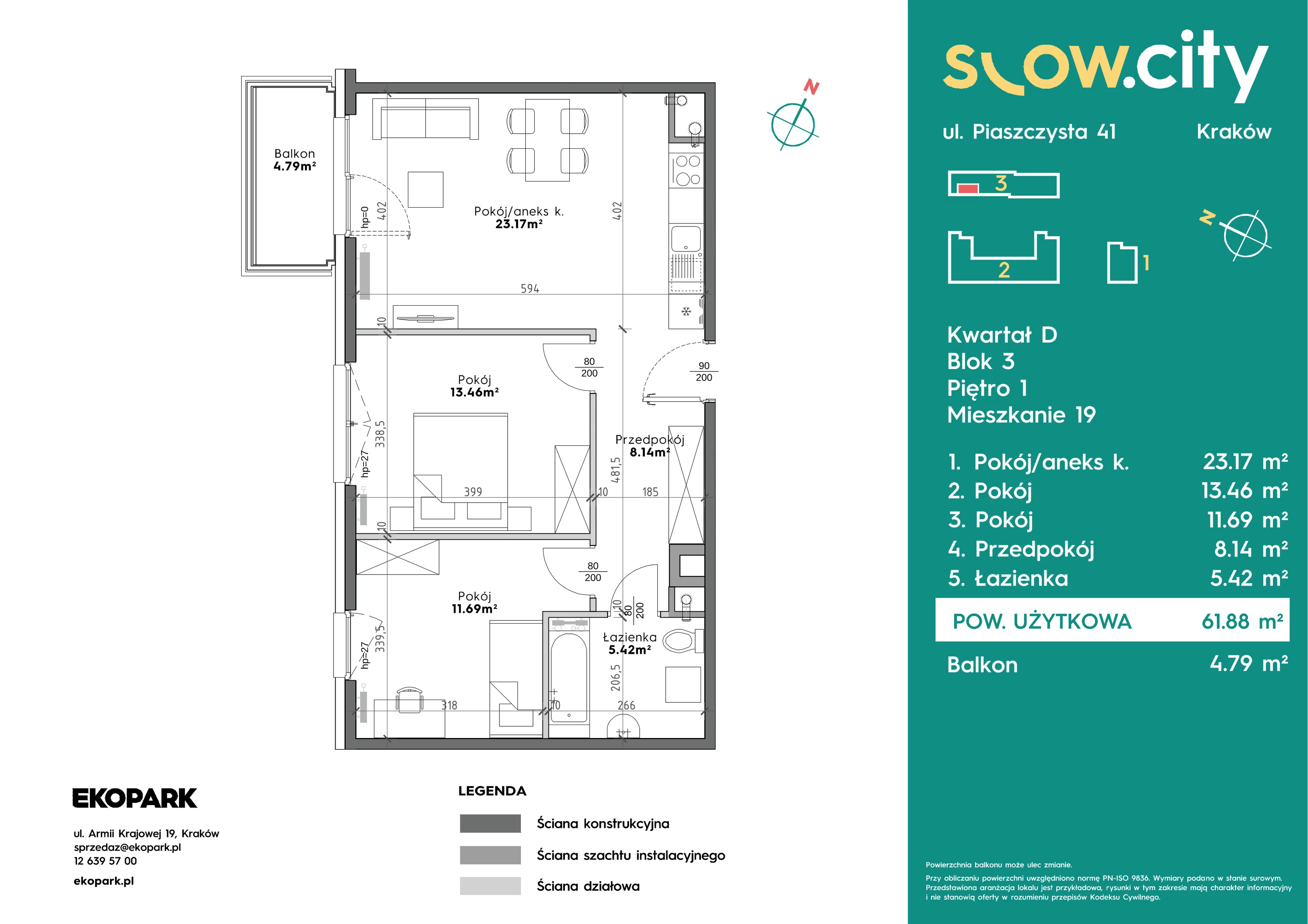 3 pokoje, mieszkanie 61,88 m², piętro 1, oferta nr D3-19, Slow City - Etap D, Kraków, Prądnik Biały, ul. Piaszczysta
