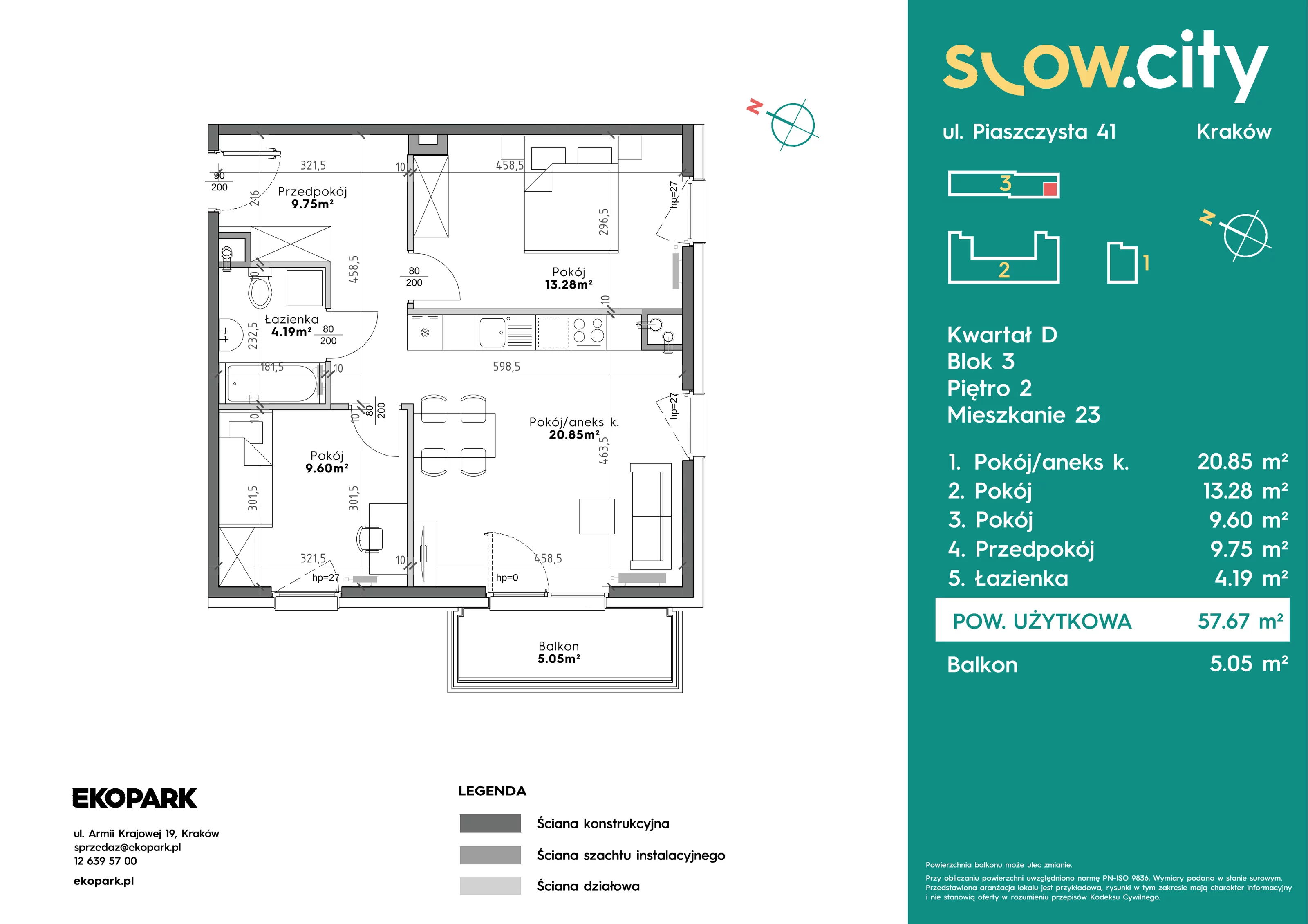 3 pokoje, mieszkanie 57,67 m², piętro 2, oferta nr D3-23, Slow City - Etap D, Kraków, Prądnik Biały, ul. Piaszczysta