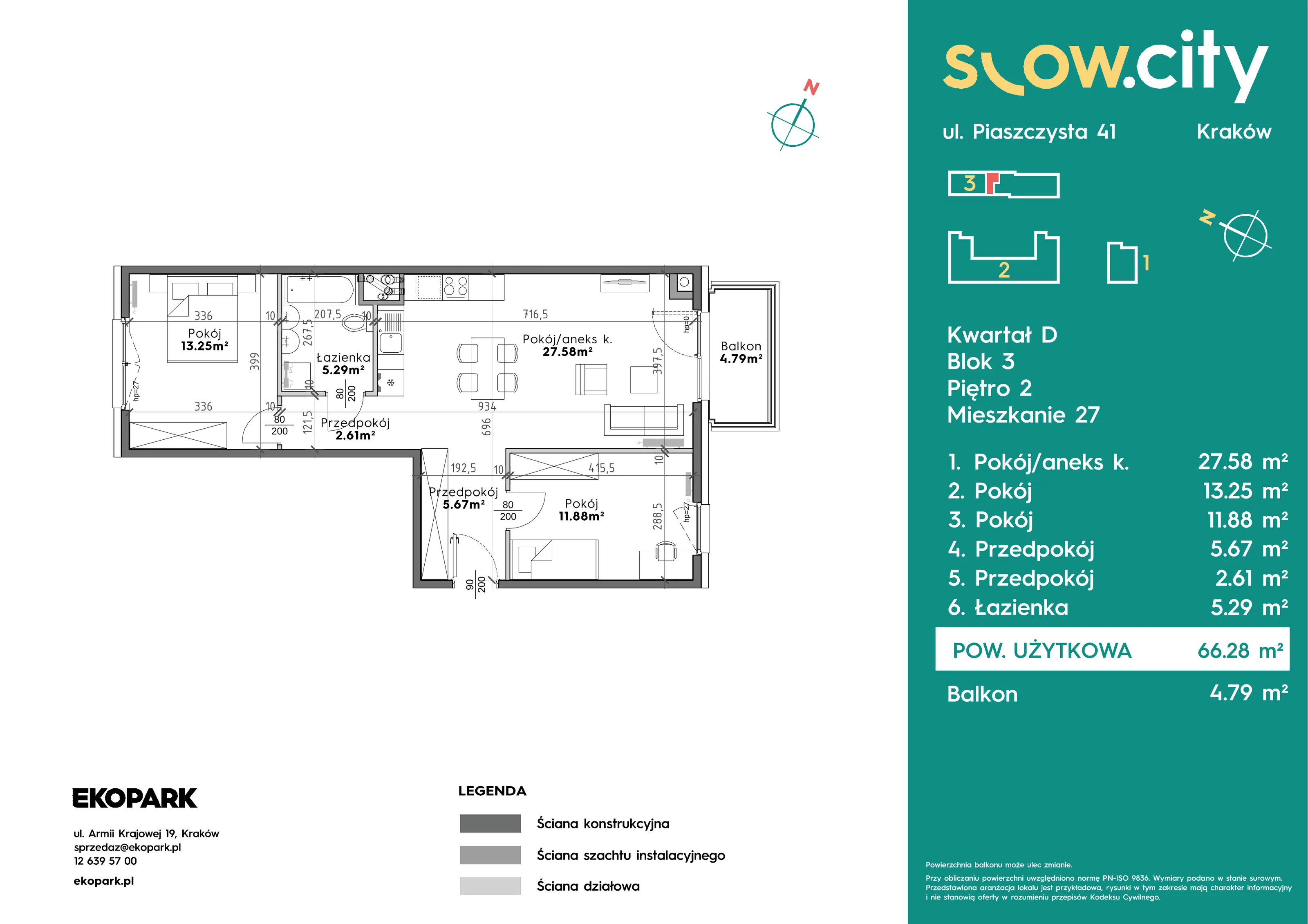 3 pokoje, mieszkanie 66,28 m², piętro 2, oferta nr D3-27, Slow City - Etap D, Kraków, Prądnik Biały, ul. Piaszczysta